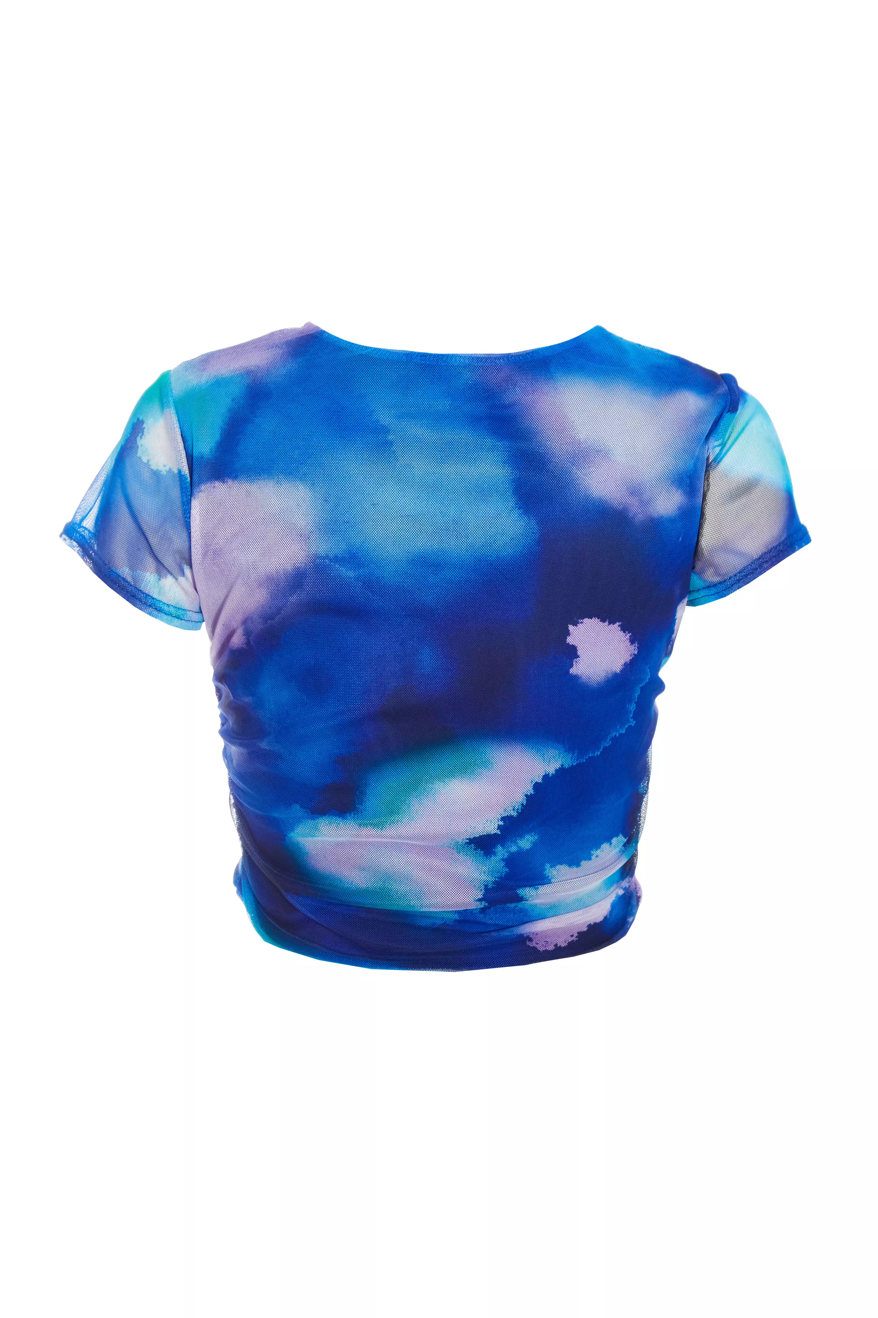 Blue Mesh Tie Dye Print Crop Top