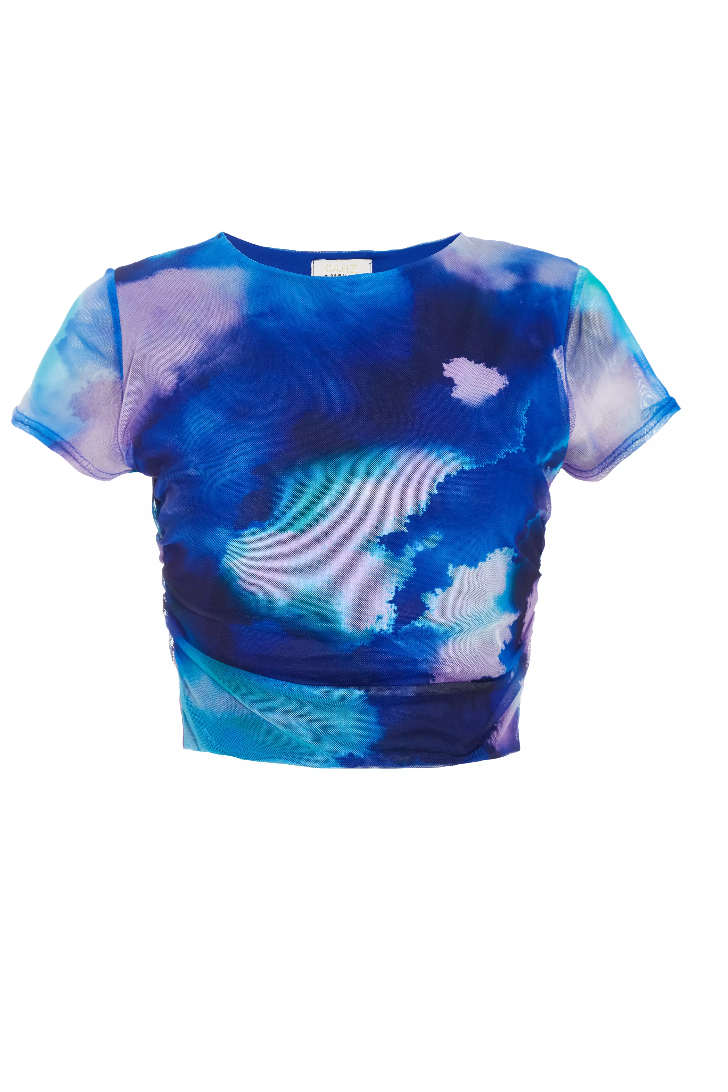 Blue Mesh Tie Dye Print Crop Top