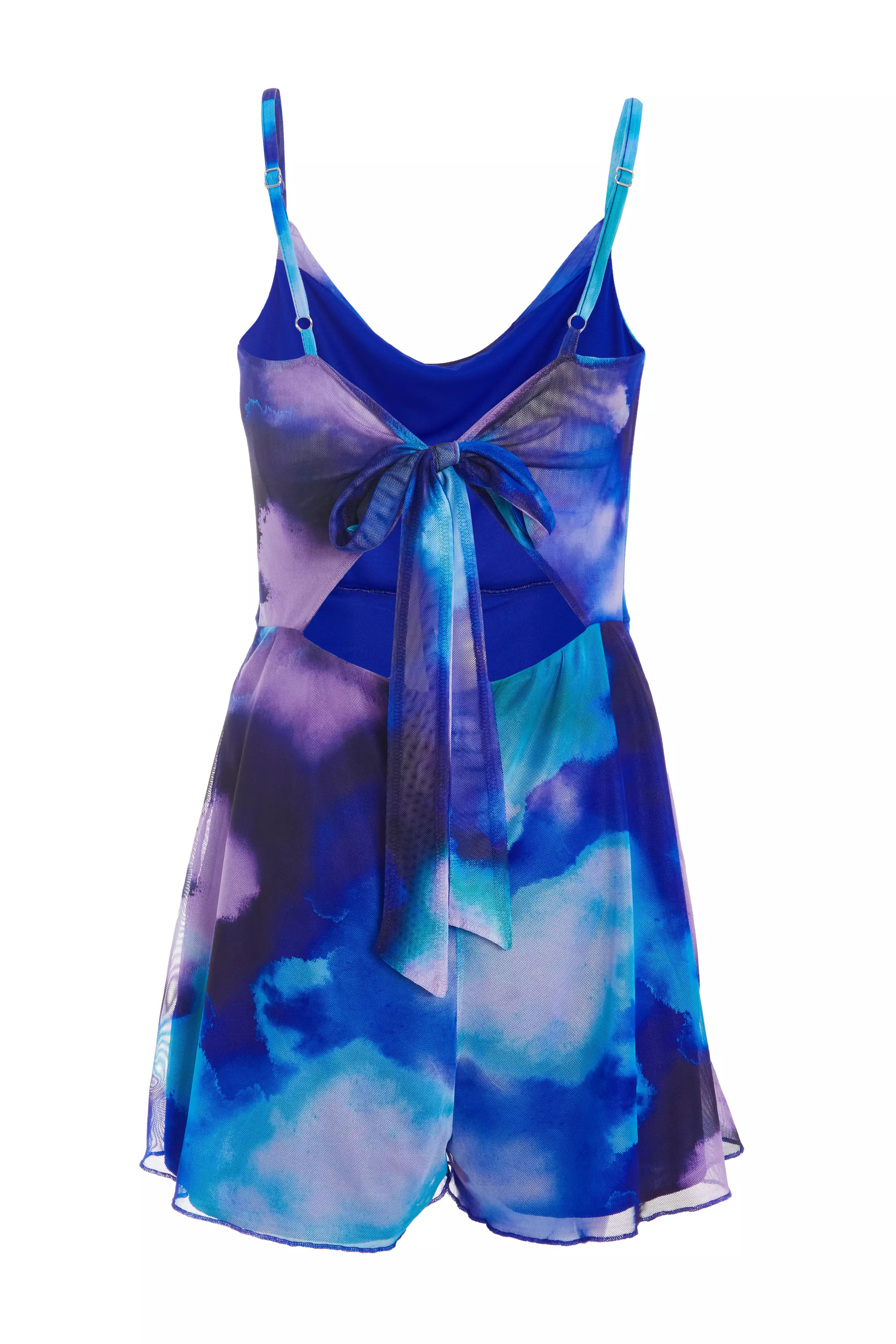 Blue Tie Dye Print Cowl Neck Mesh Playsuit