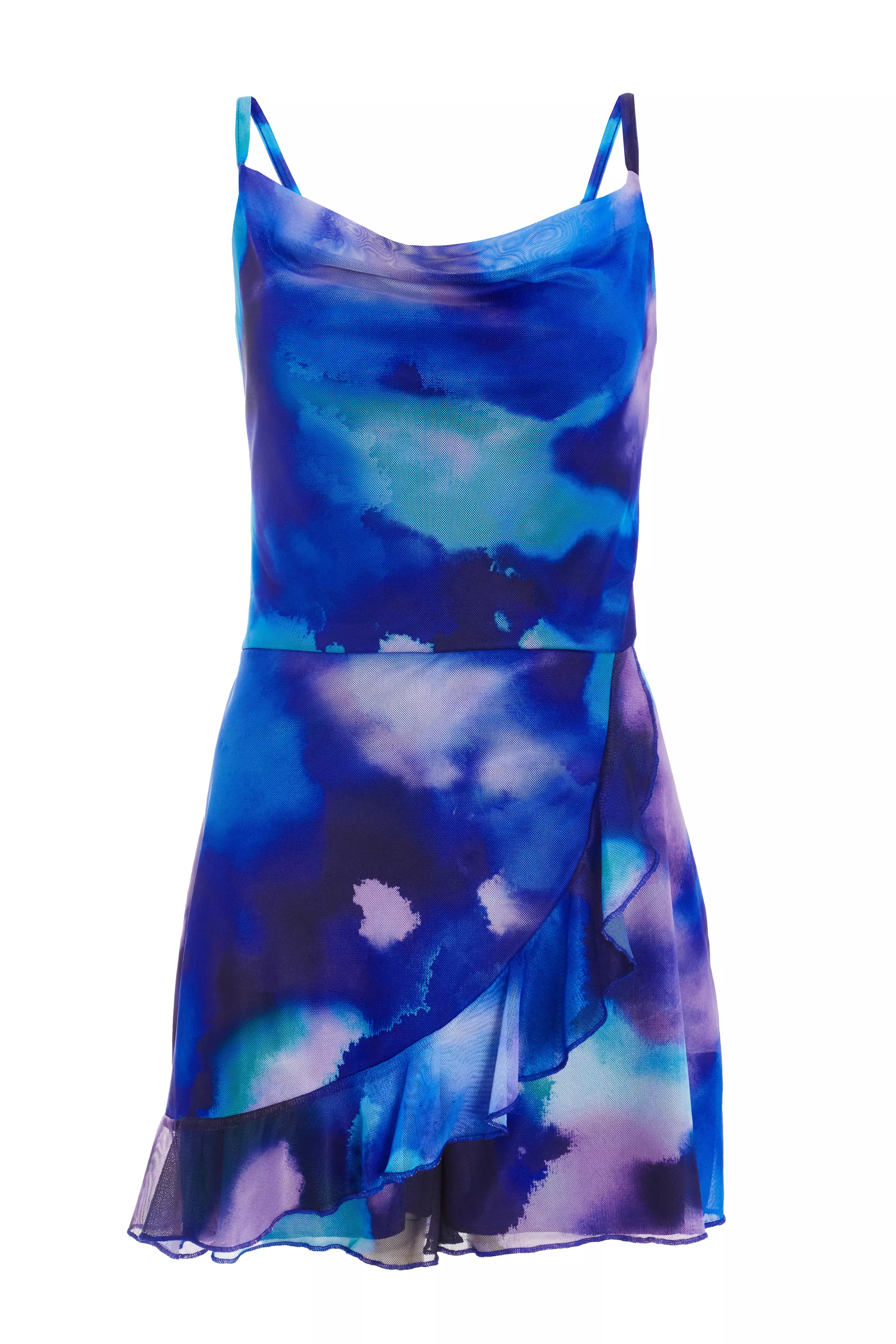 Blue Tie Dye Print Cowl Neck Mesh Playsuit