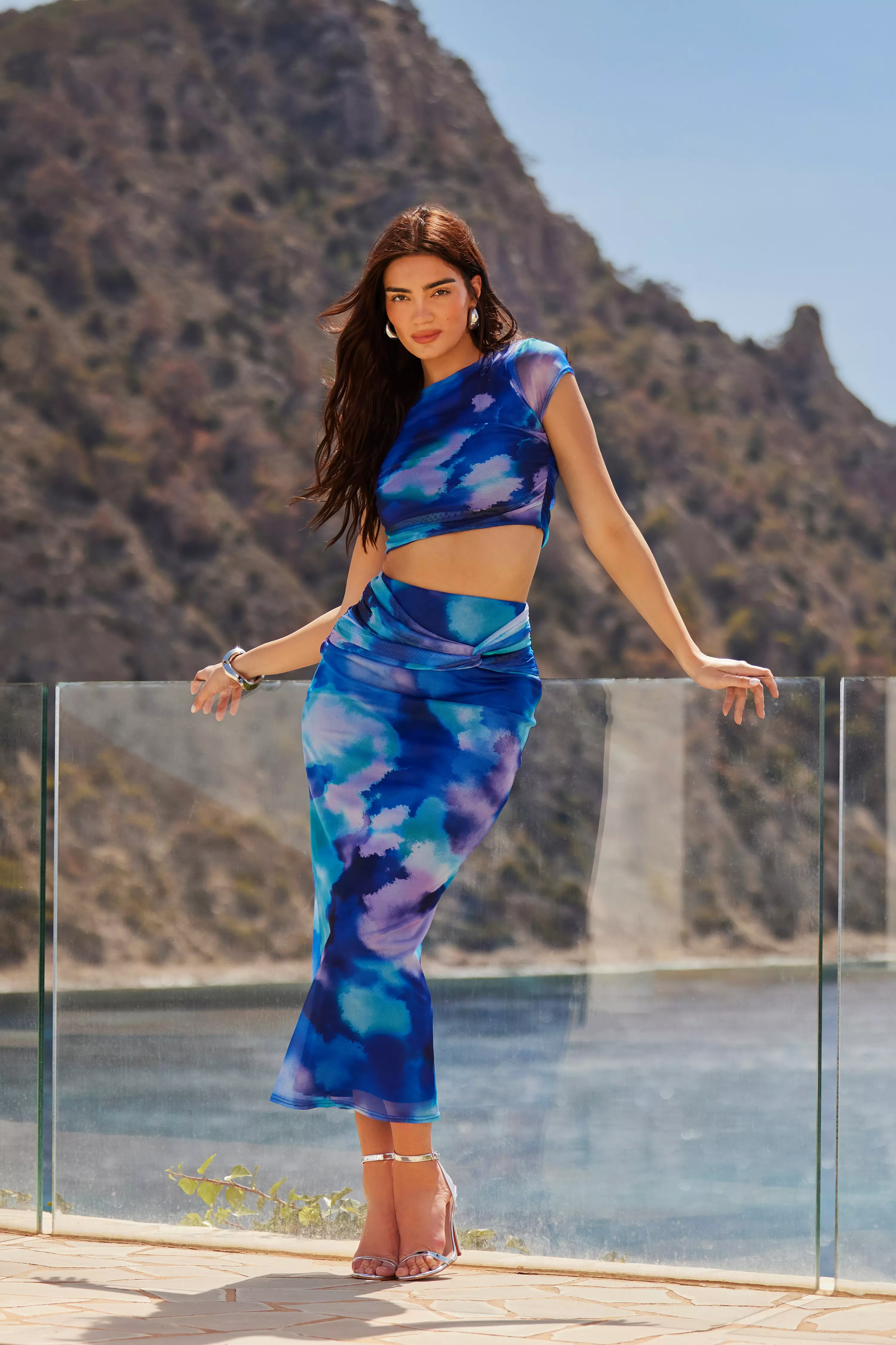 Blue Mesh Tie Dye Print Midaxi Skirt