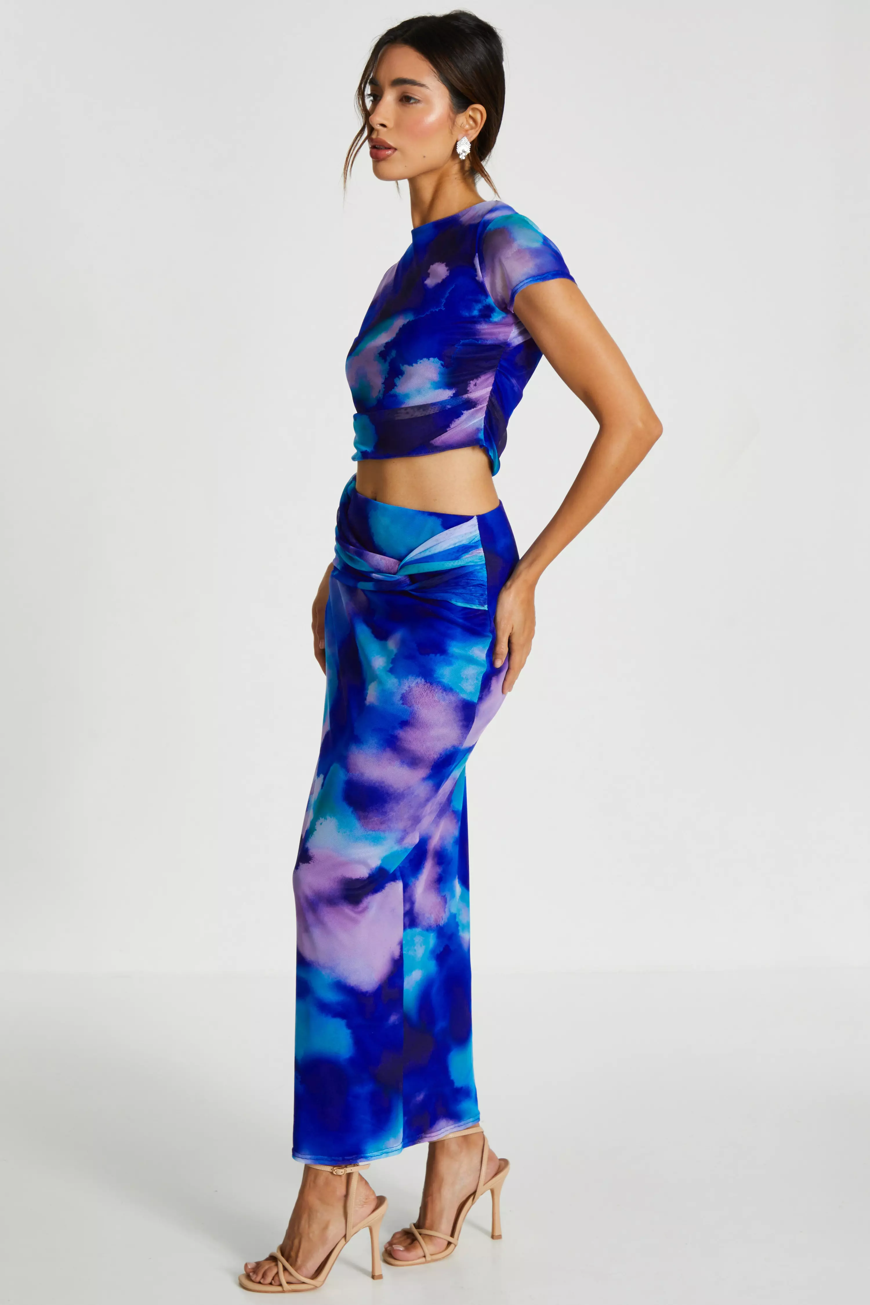 Blue Mesh Tie Dye Print Midaxi Skirt