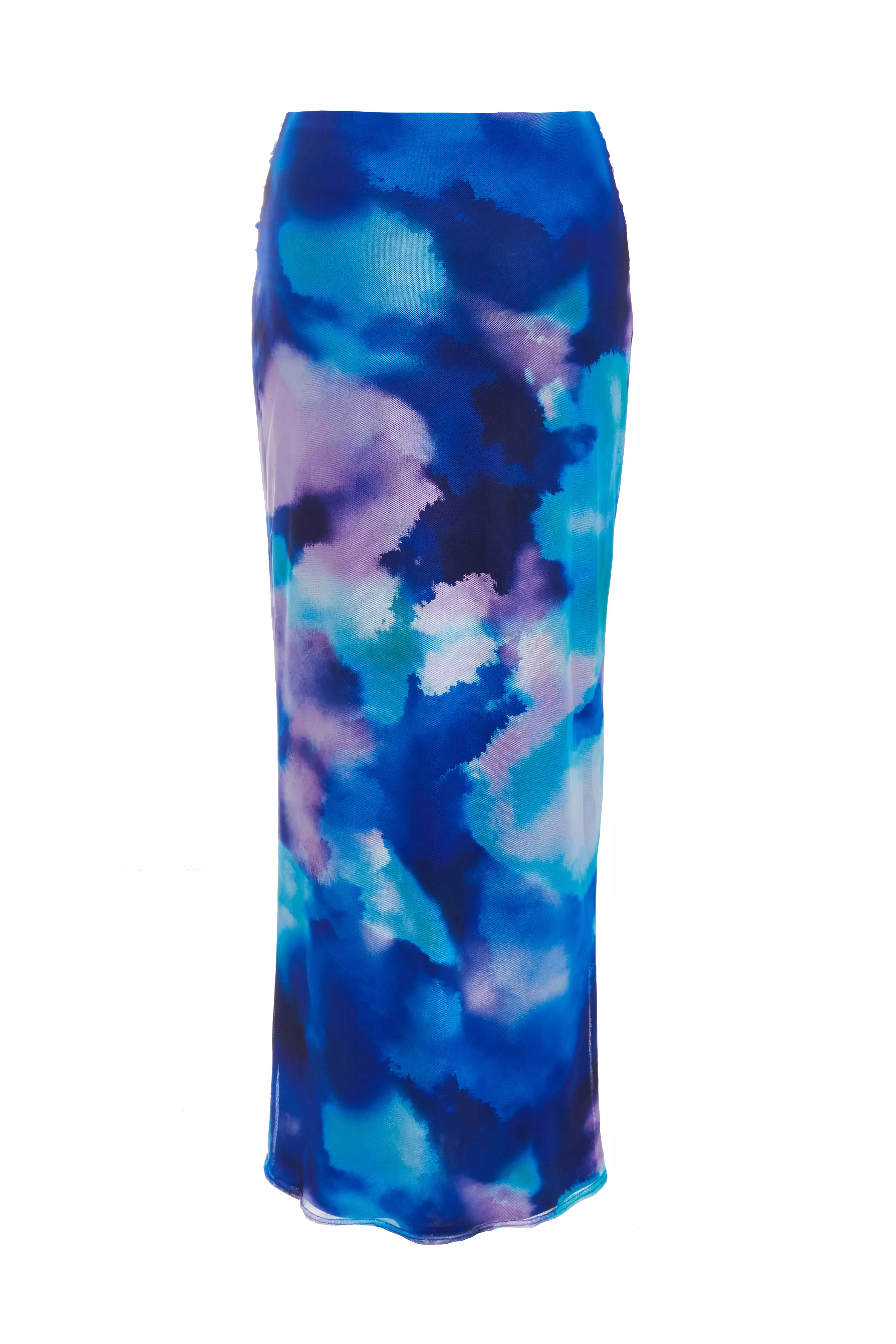 Blue Mesh Tie Dye Print Midaxi Skirt