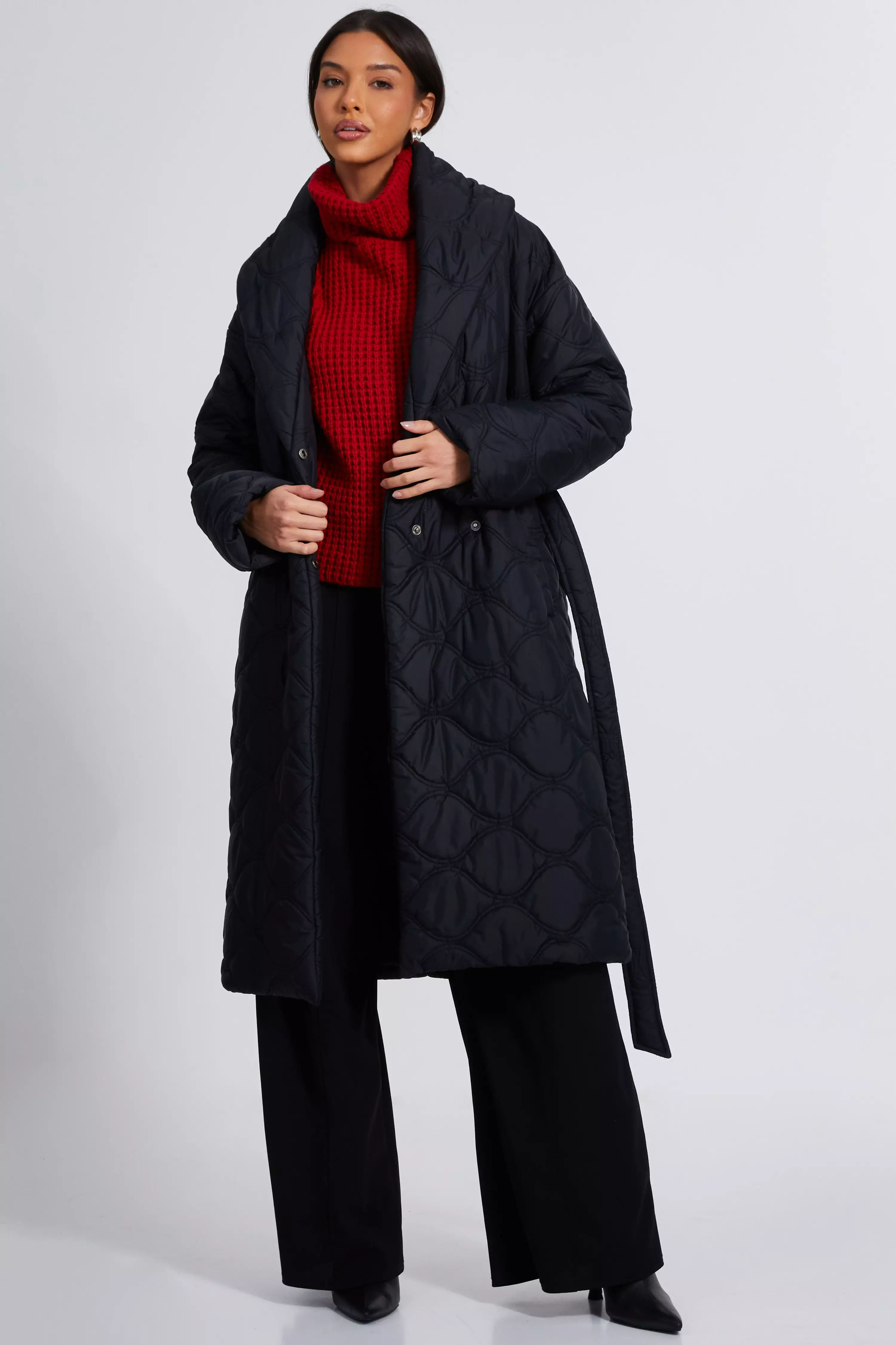 Black Quilted Long Line Coat