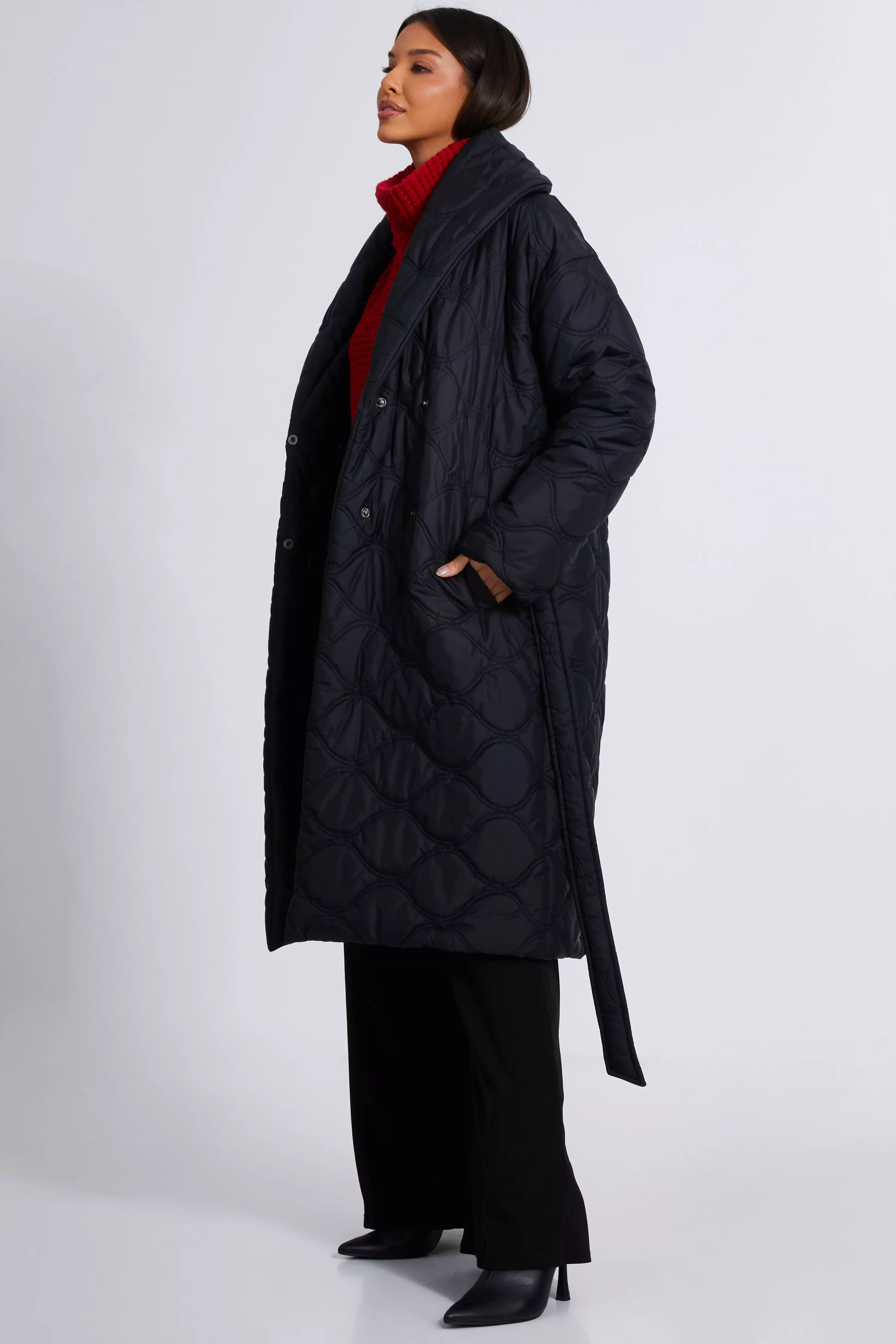 Black Quilted Long Line Coat