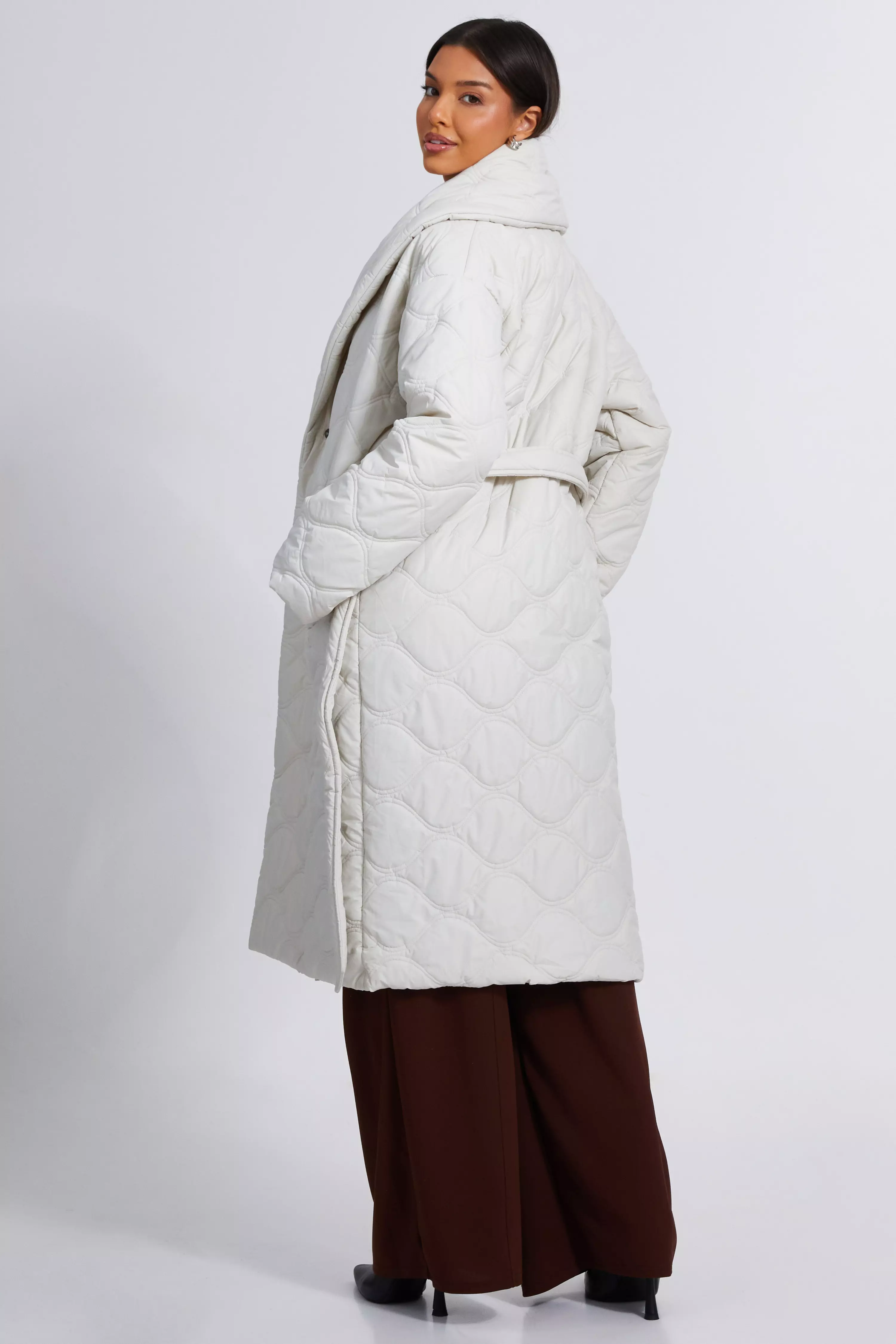 Cream Quilted Long Line Coat