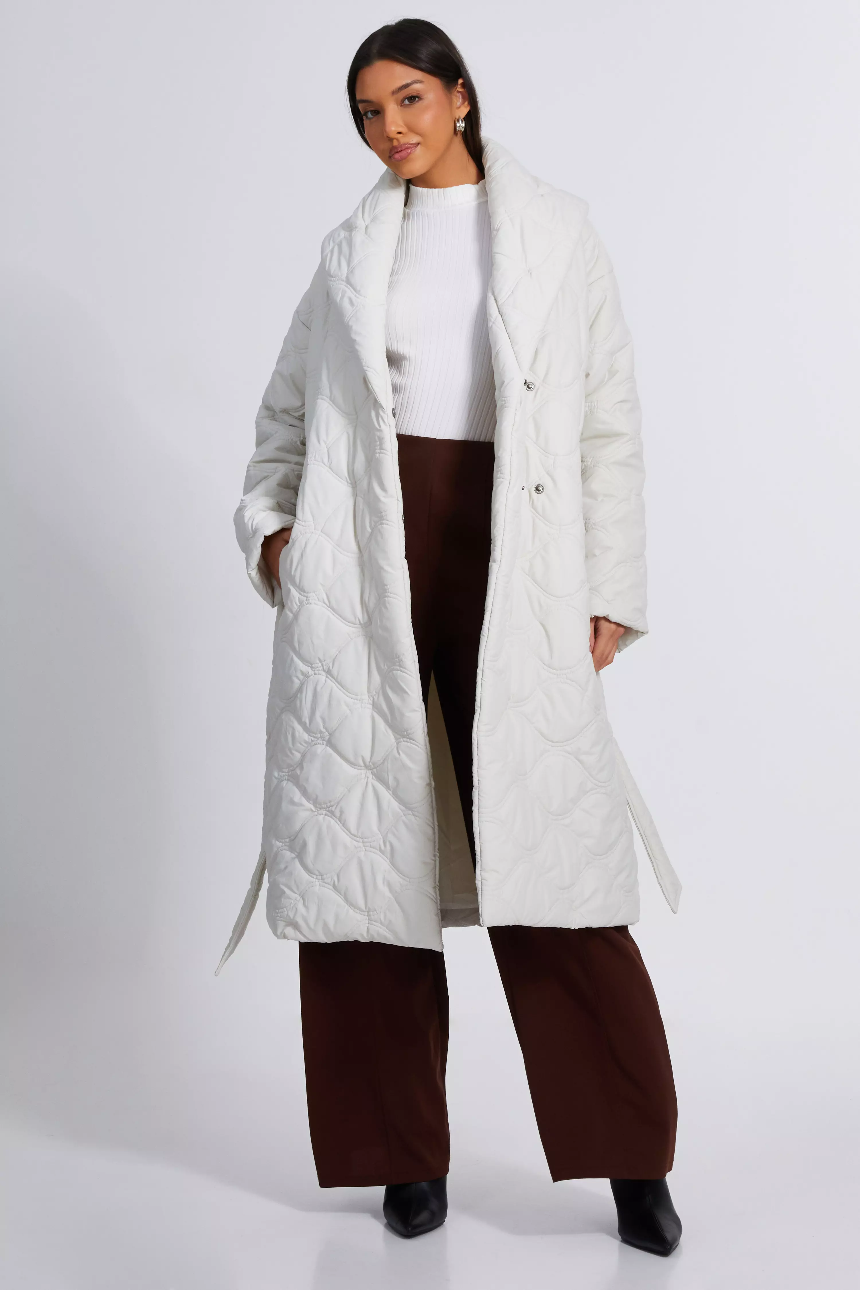 Cream Quilted Long Line Coat