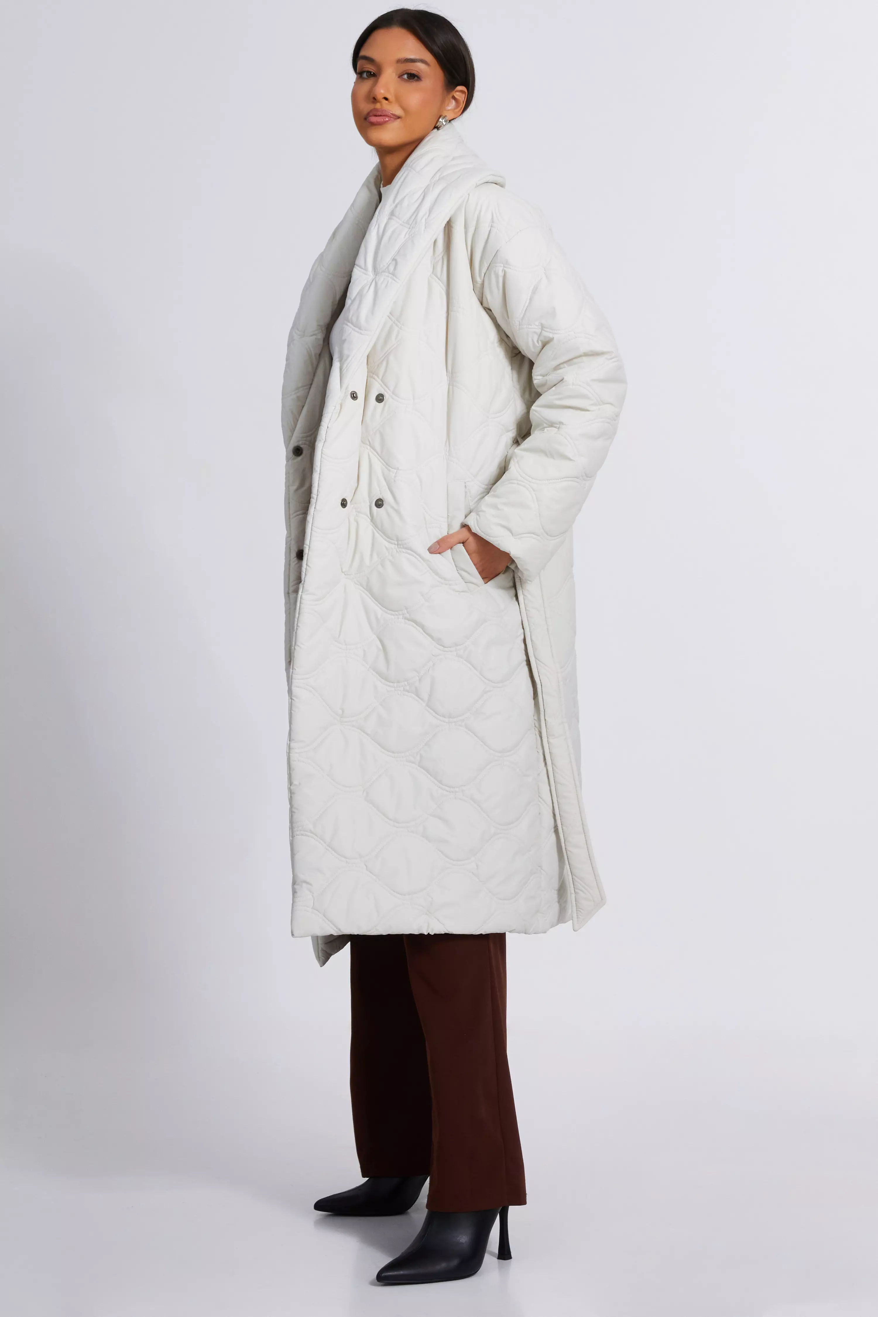 Cream Quilted Long Line Coat