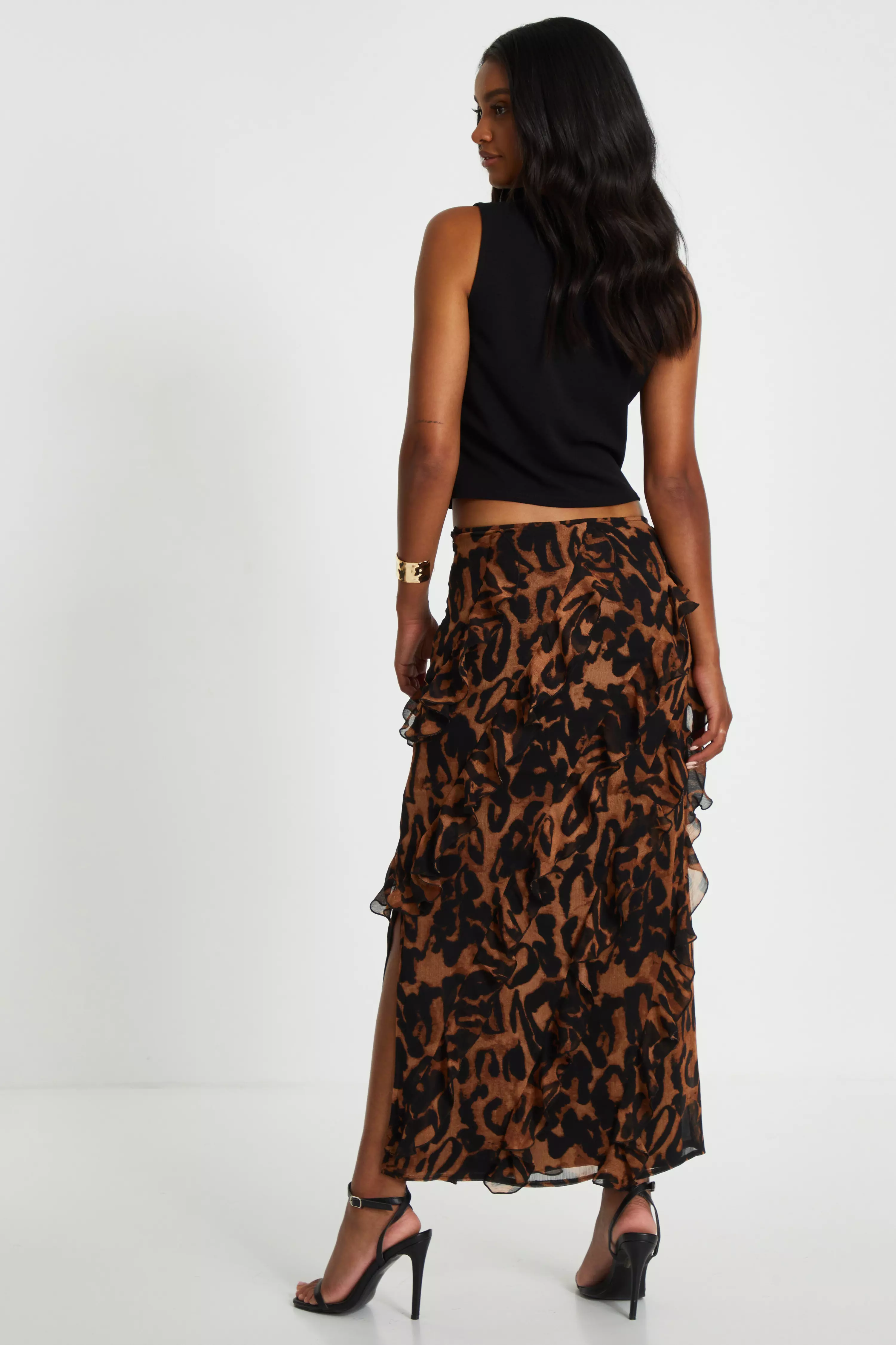 Brown Leopard Print Asymmetric Frill Maxi Skirt