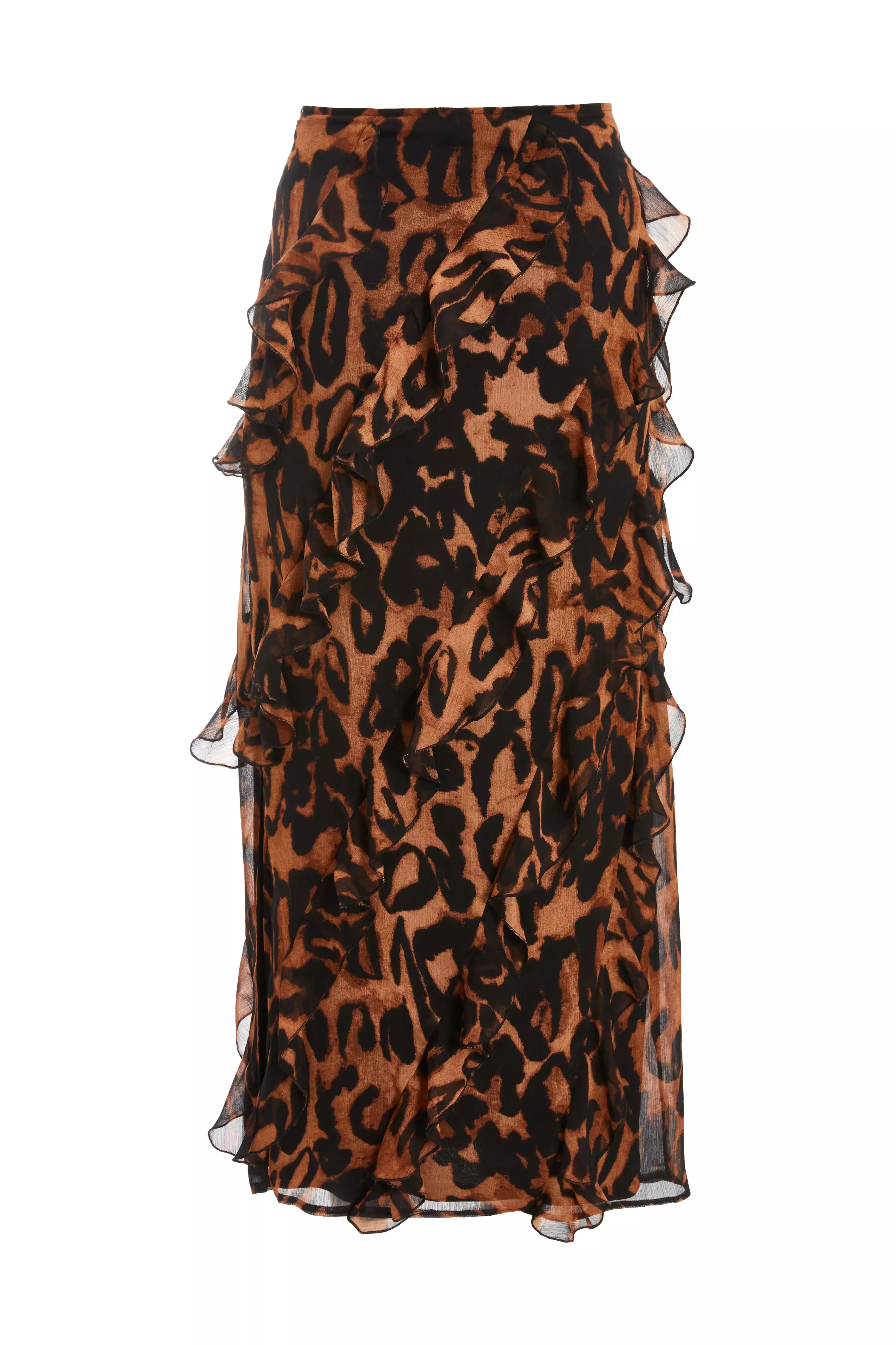 Brown Leopard Print Asymmetric Frill Maxi Skirt