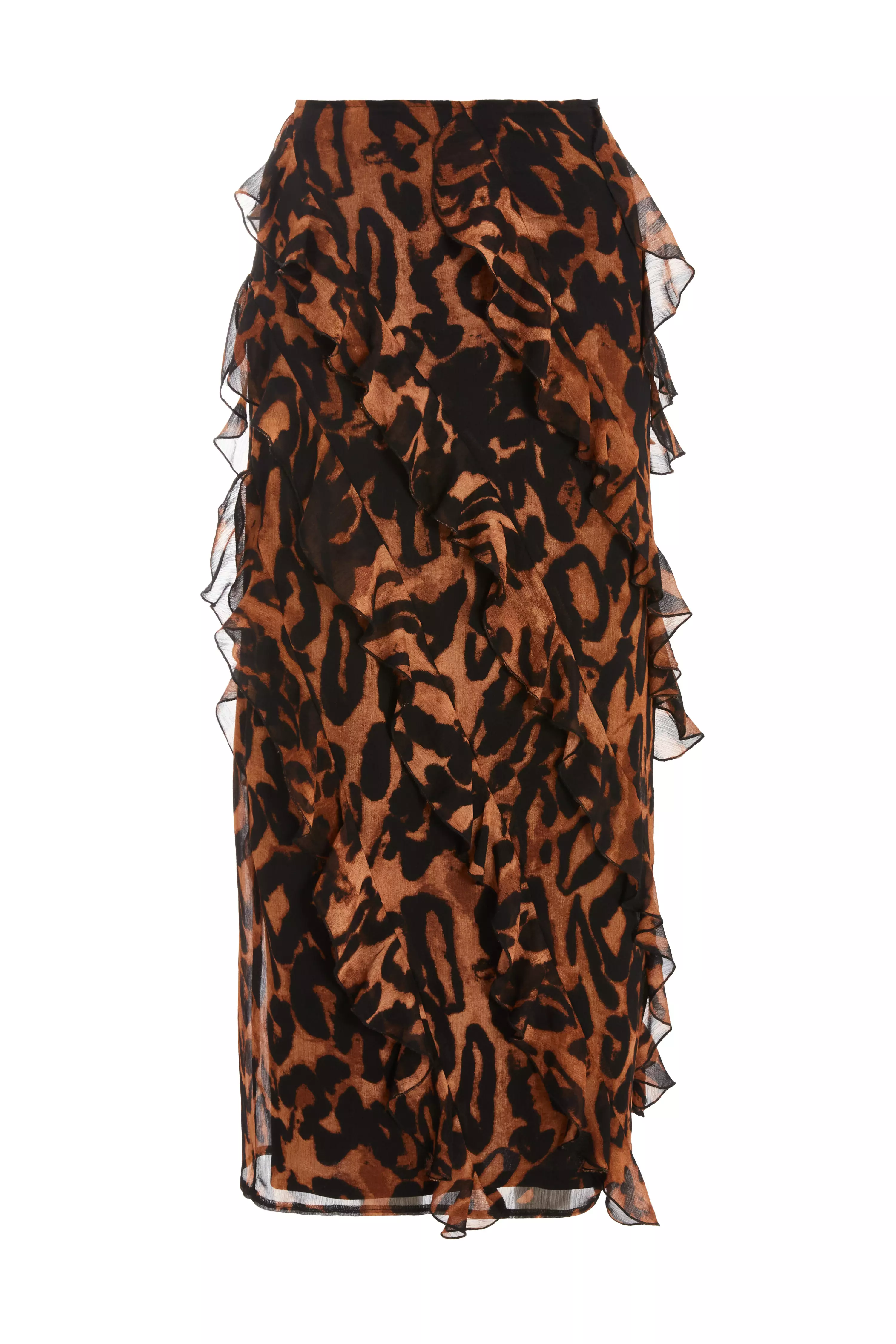 Brown Leopard Print Asymmetric Frill Maxi Skirt