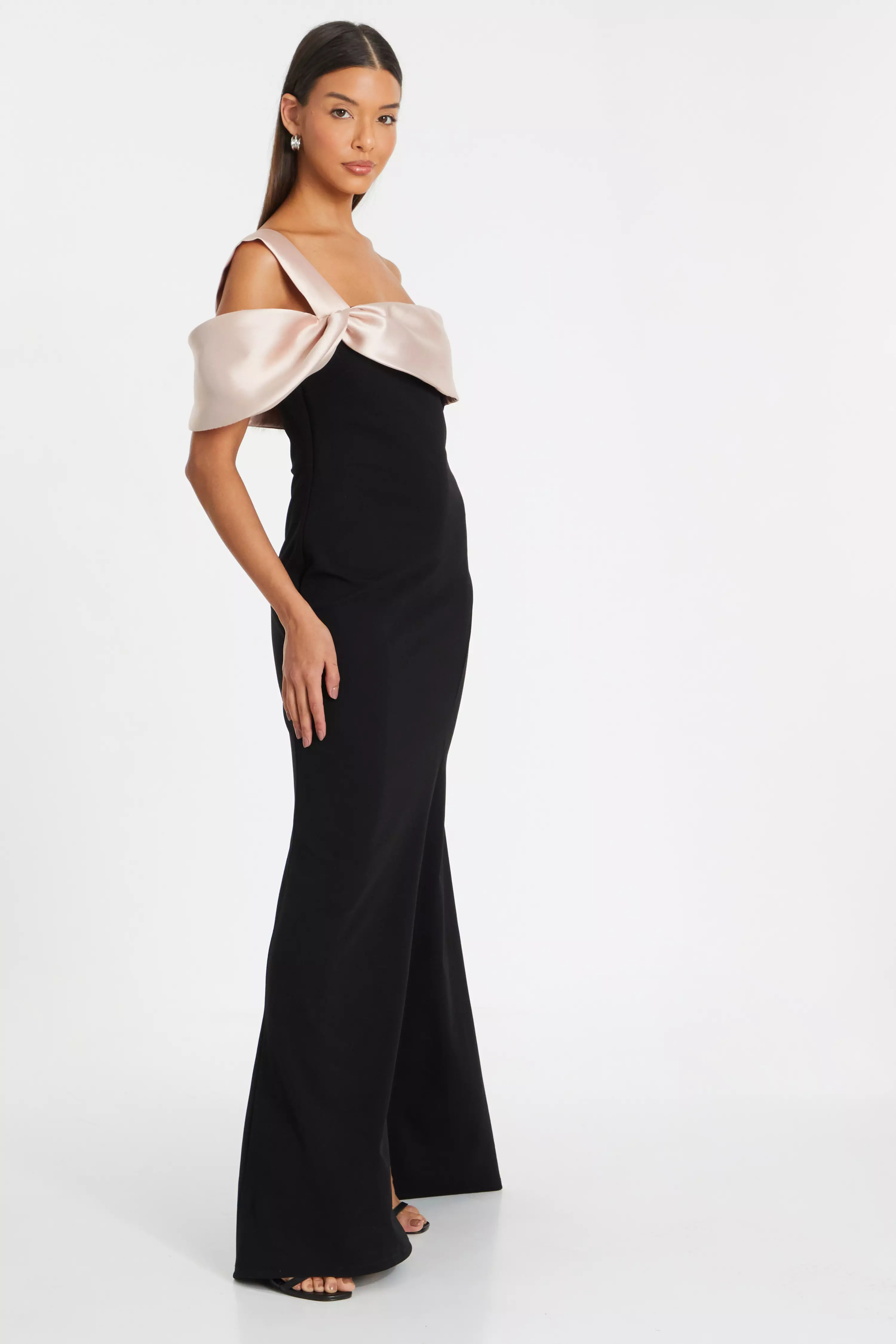 Black Satin Off the Shoulder Maxi Dress