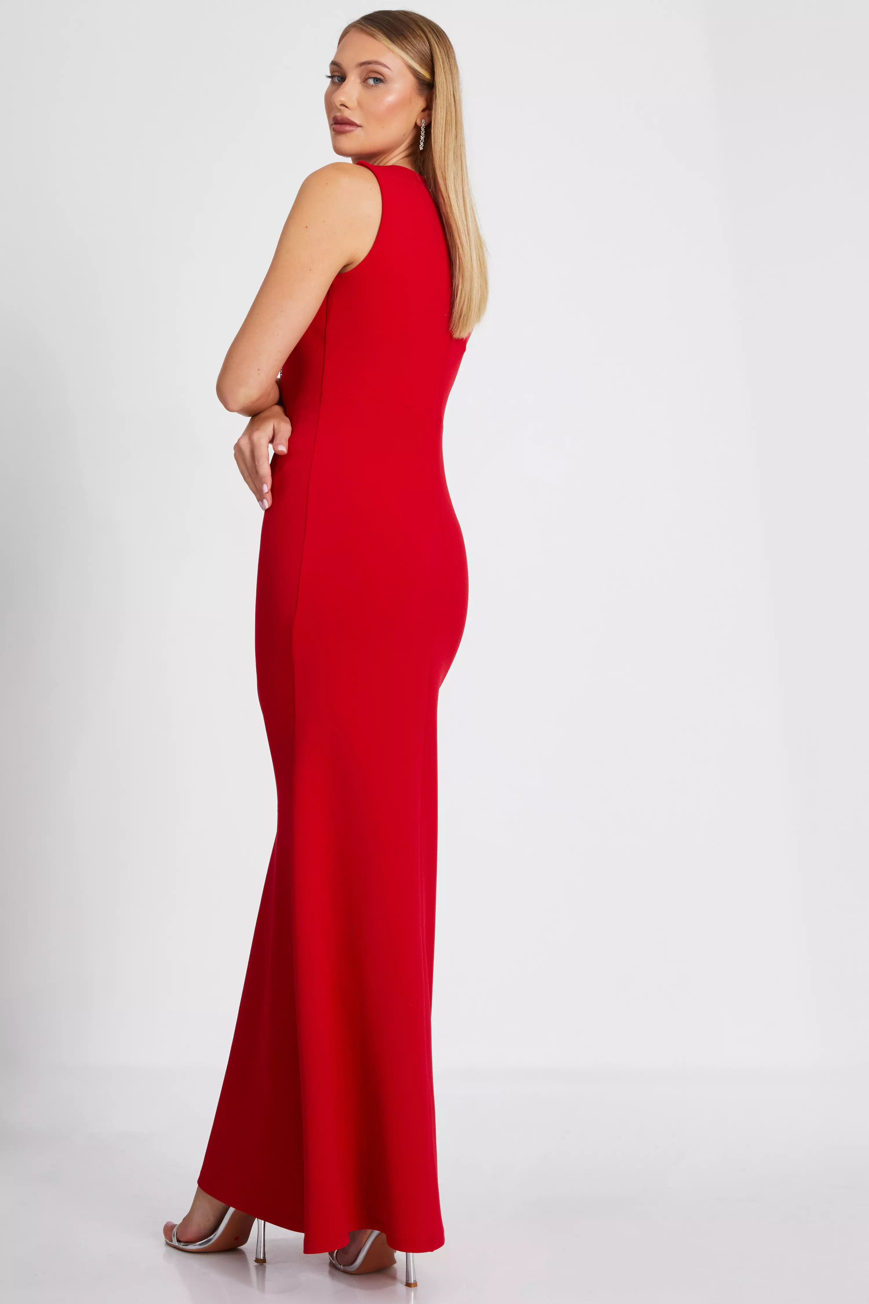 Red Diamante Trim Fishtail Maxi Dress