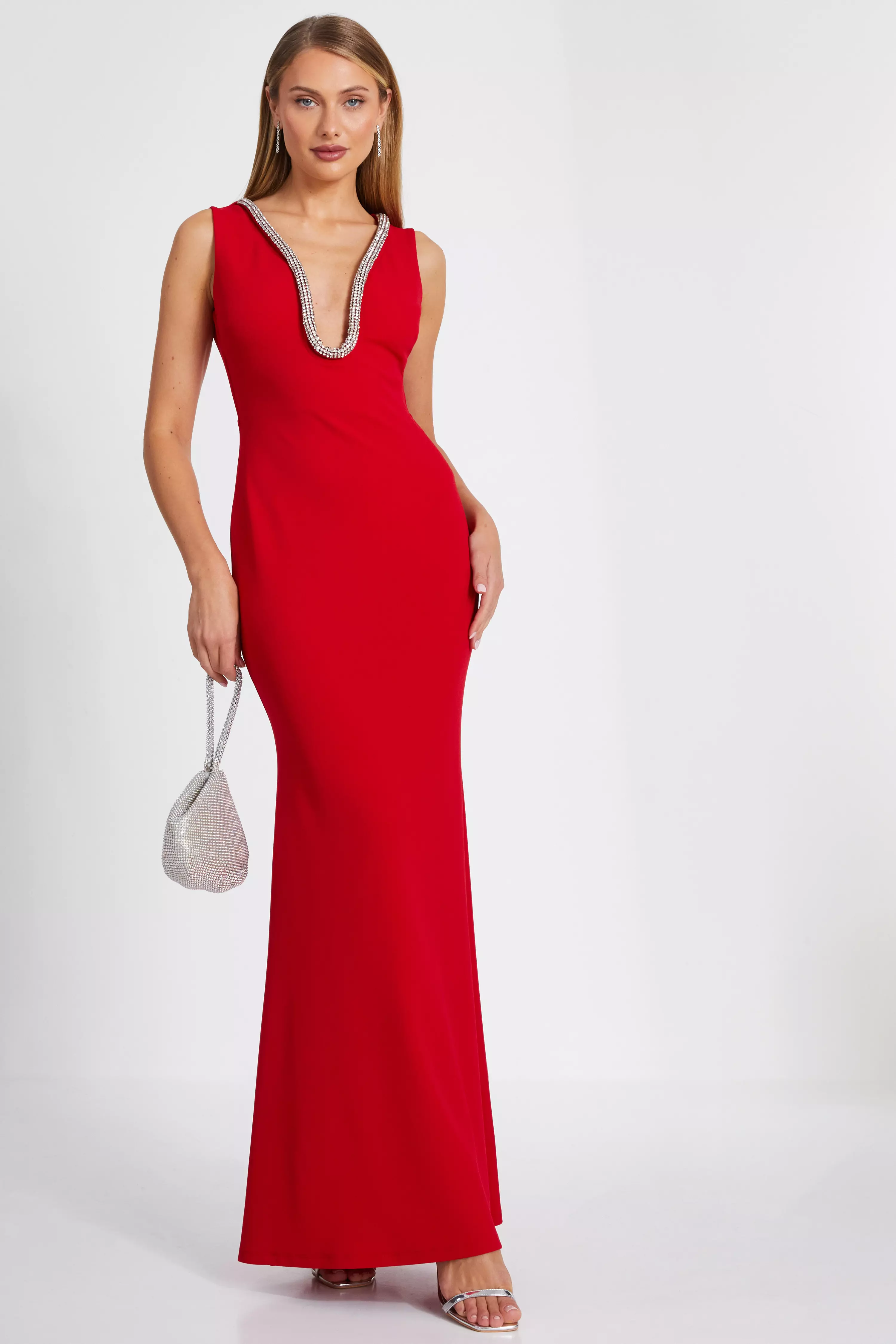 Red Diamante Trim Fishtail Maxi Dress