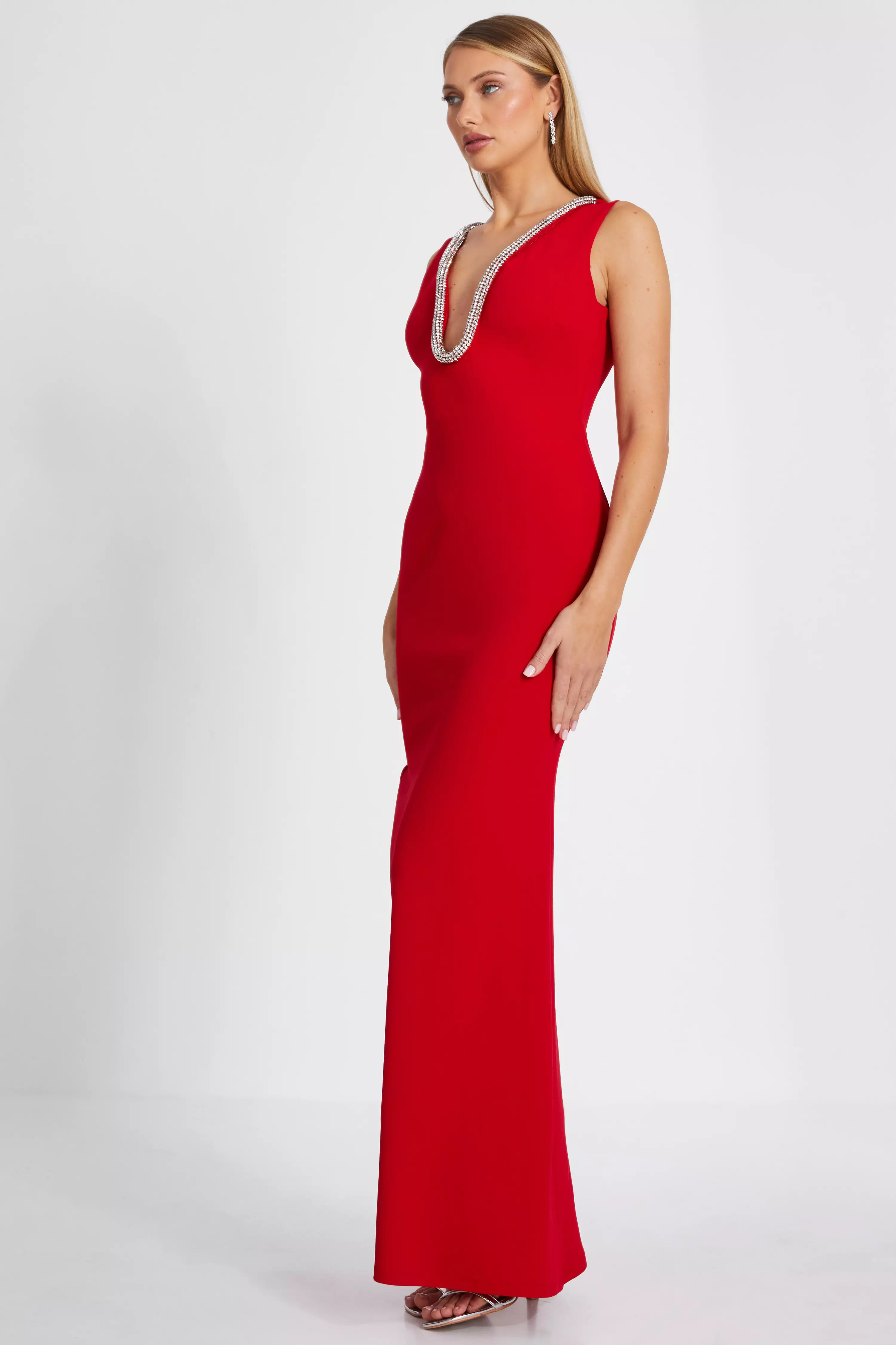 Red Diamante Trim Fishtail Maxi Dress