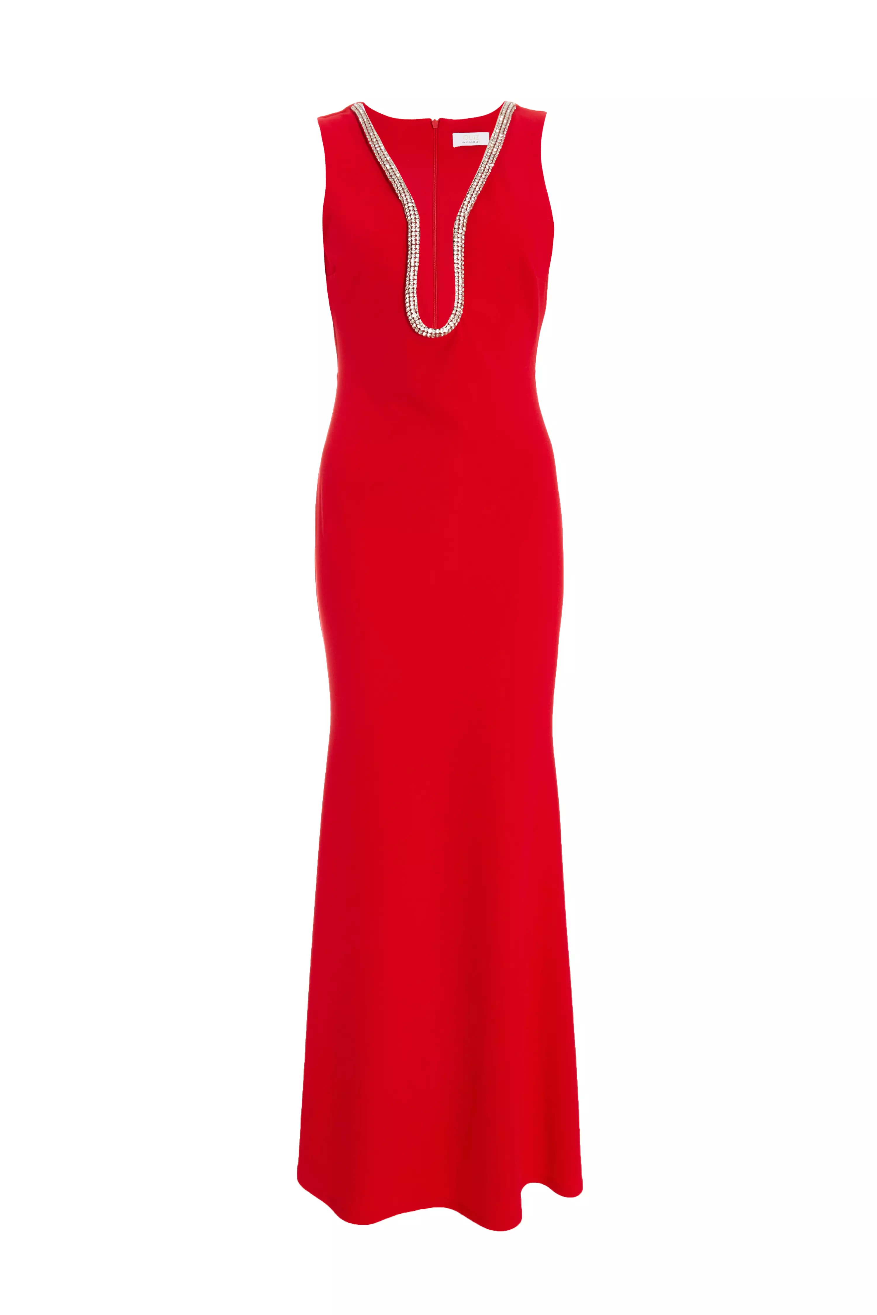 Red Diamante Trim Fishtail Maxi Dress