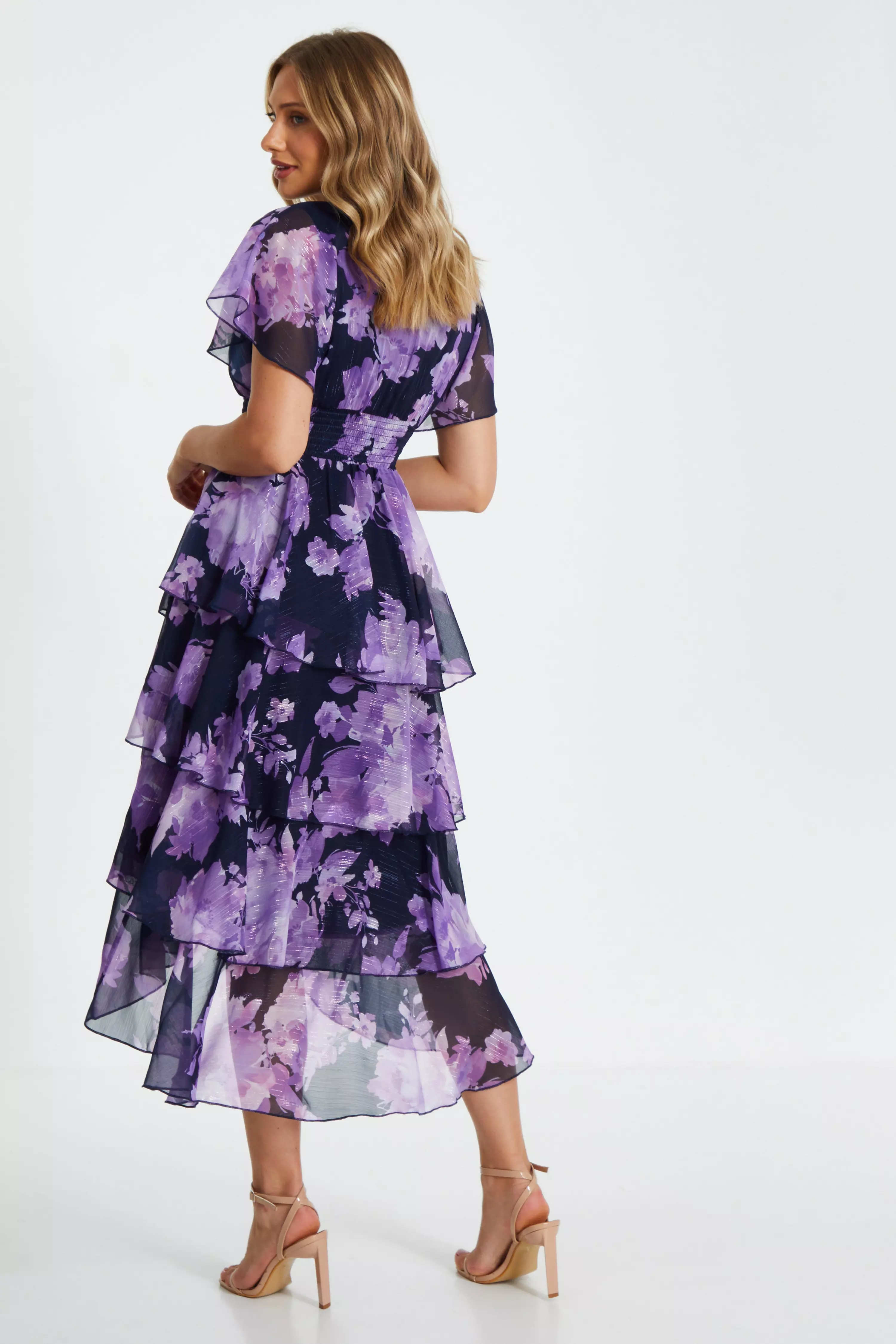 Navy Floral Tiered Midi Dress