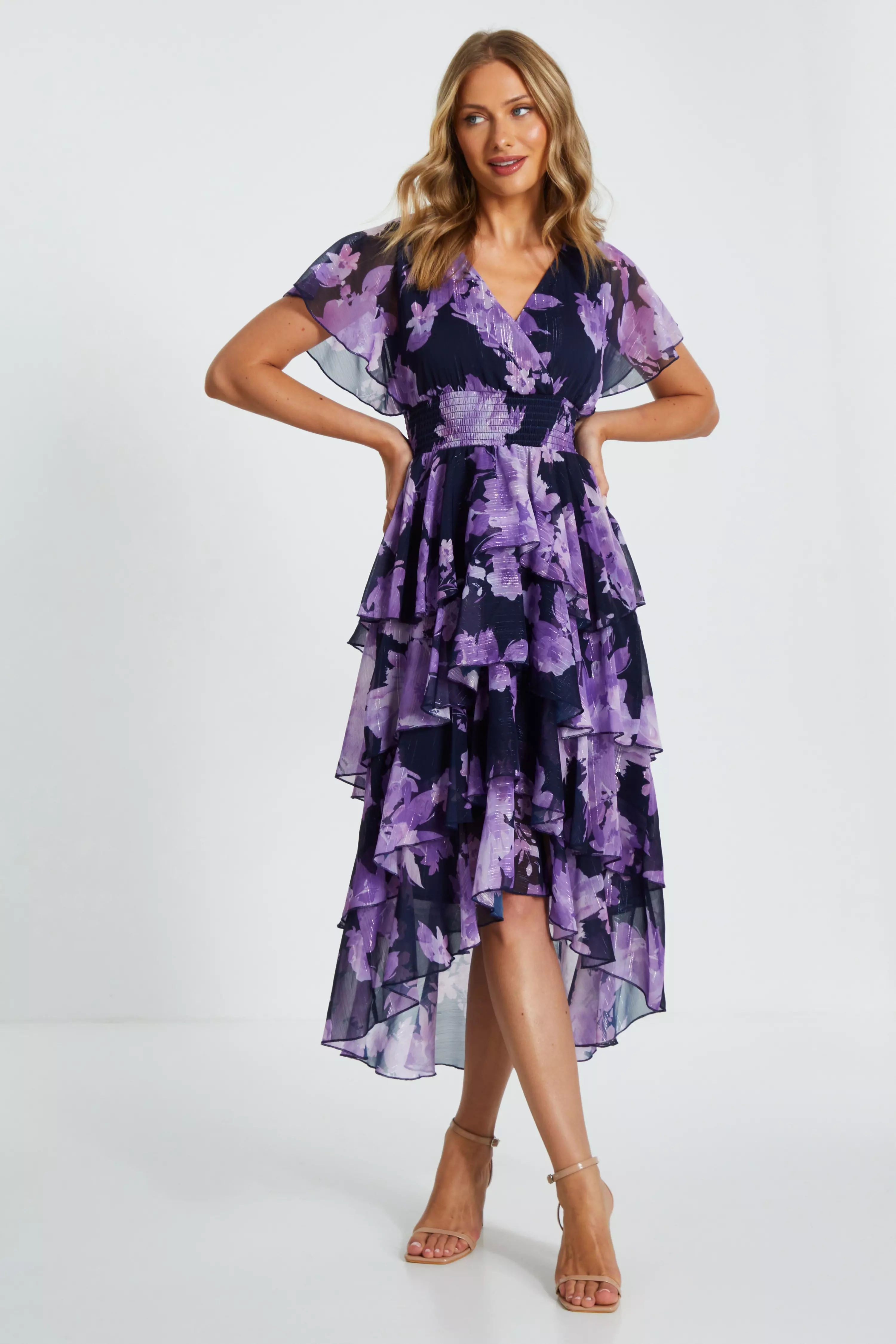 Navy Floral Dip Hem Tiered Midi Dress