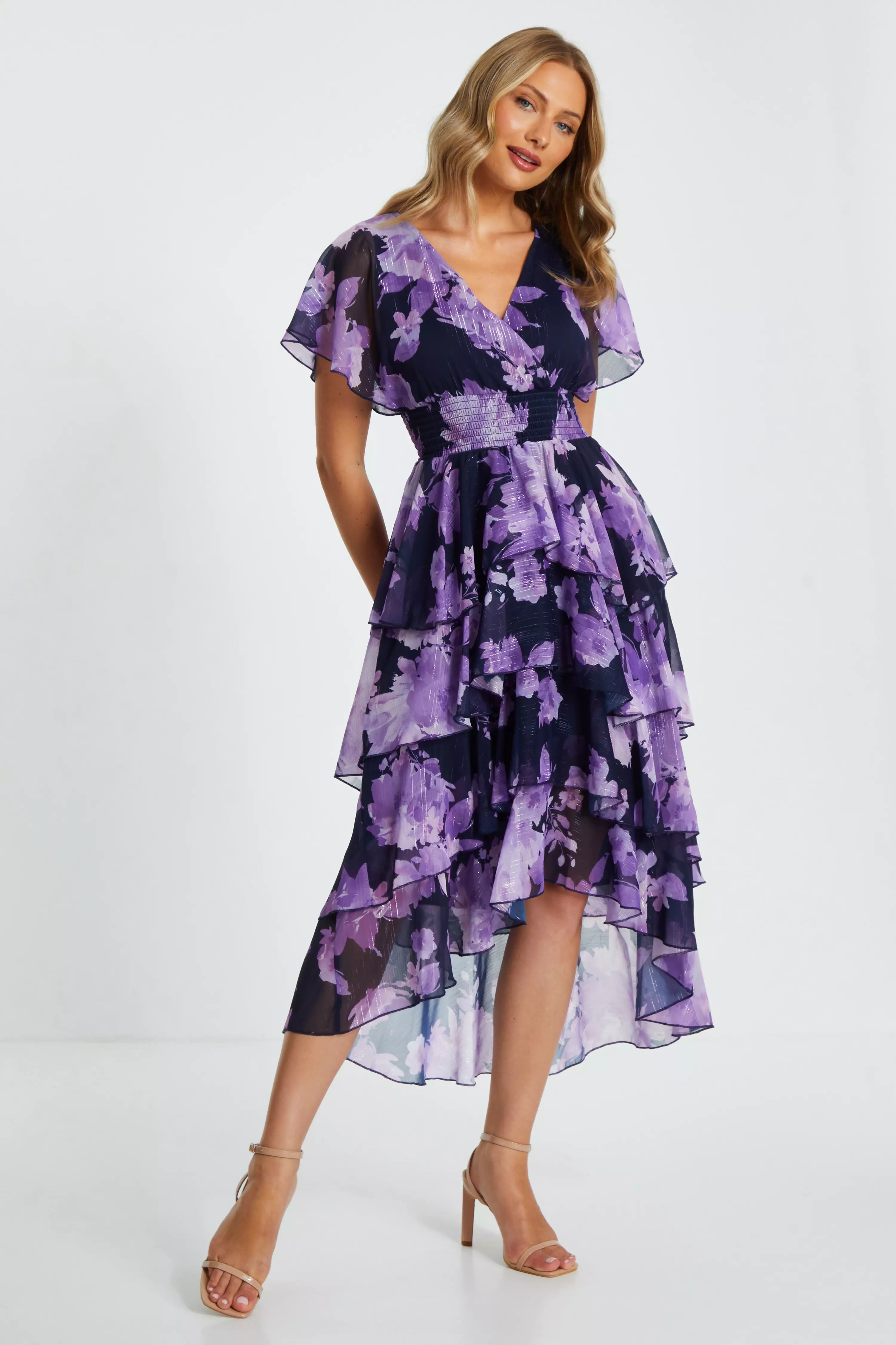 Navy Floral Tiered Midi Dress