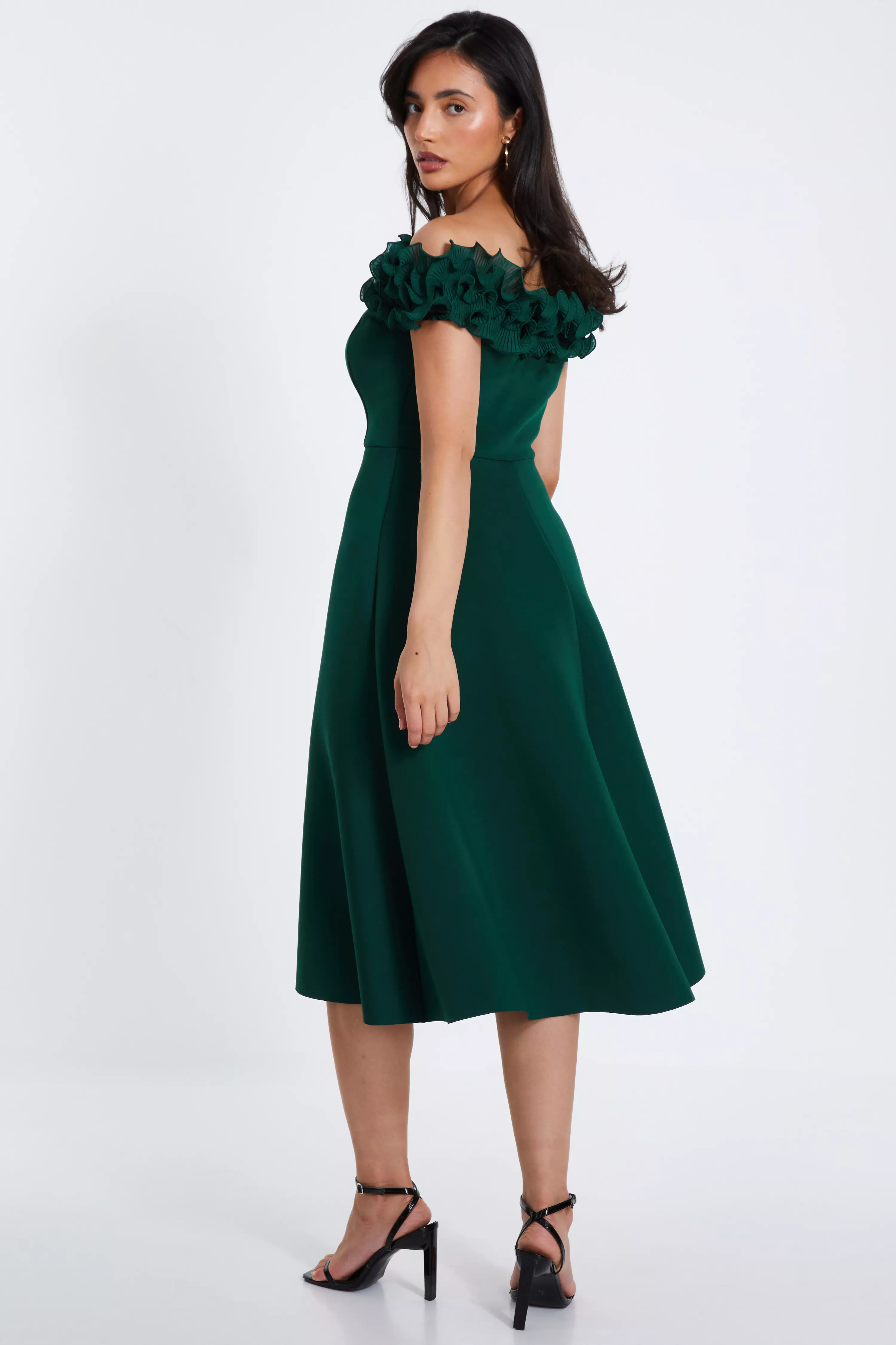 Bottle Green Bardot Ruffle Skater Midi Dress