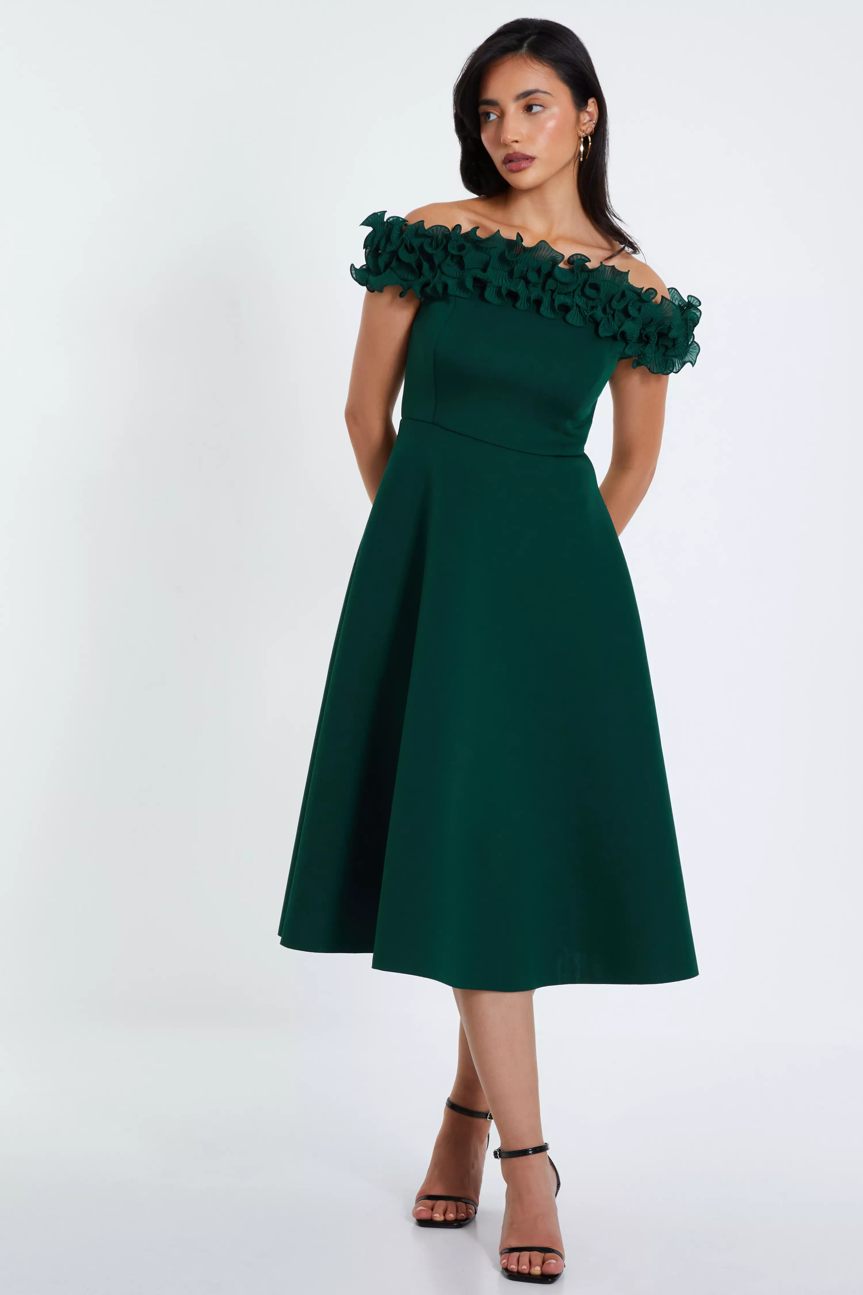 Bottle Green Bardot Ruffle Skater Midi Dress