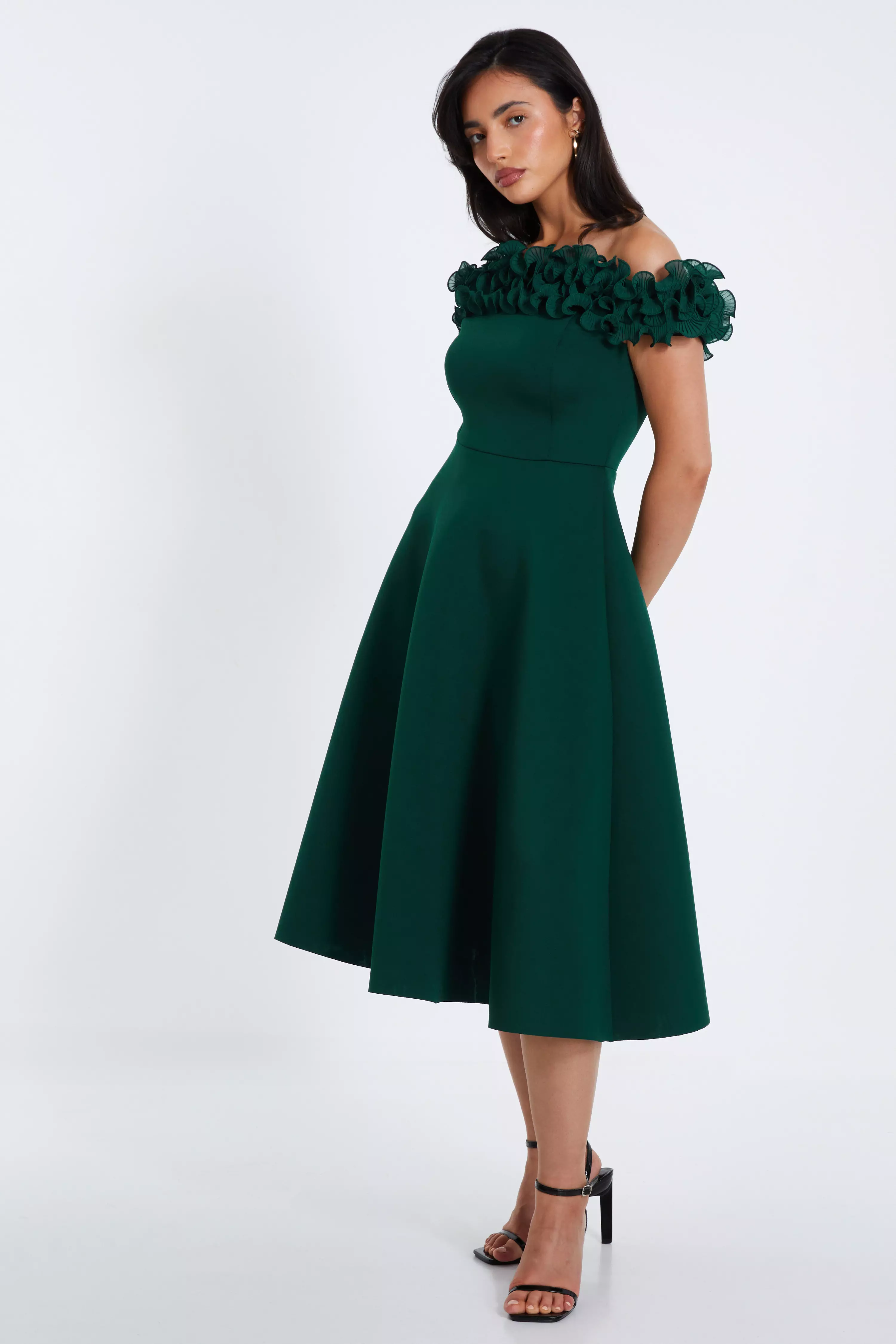 Bottle Green Bardot Ruffle Skater Midi Dress