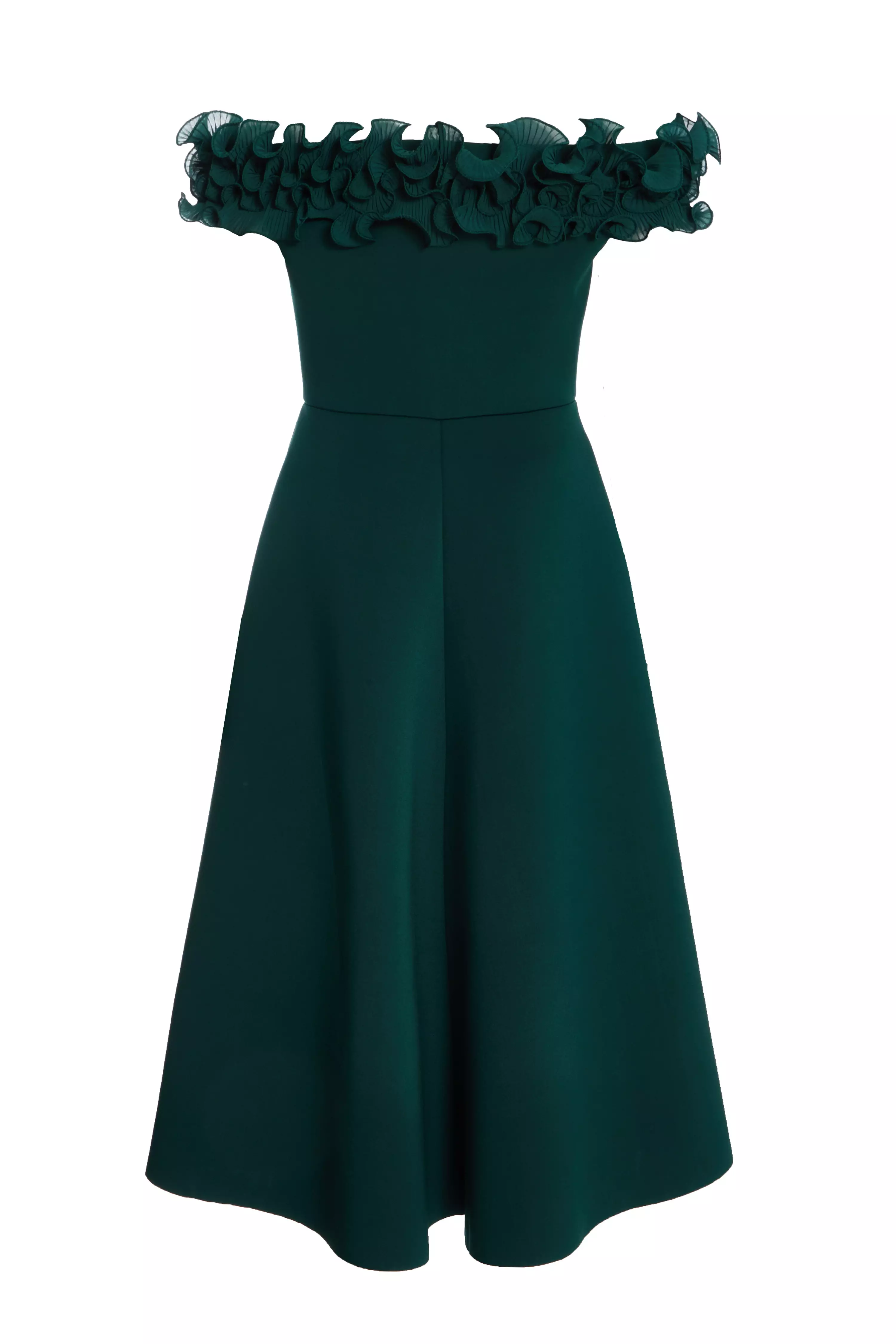 Bottle Green Bardot Ruffle Skater Midi Dress