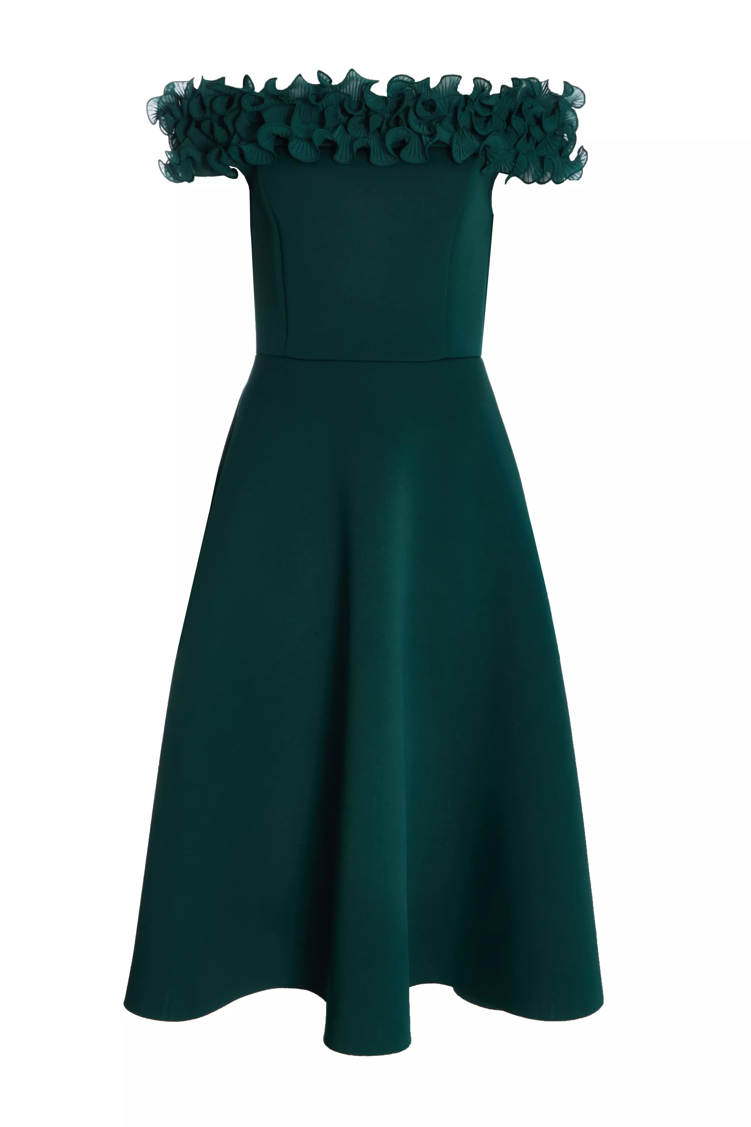 Bottle Green Bardot Ruffle Skater Midi Dress