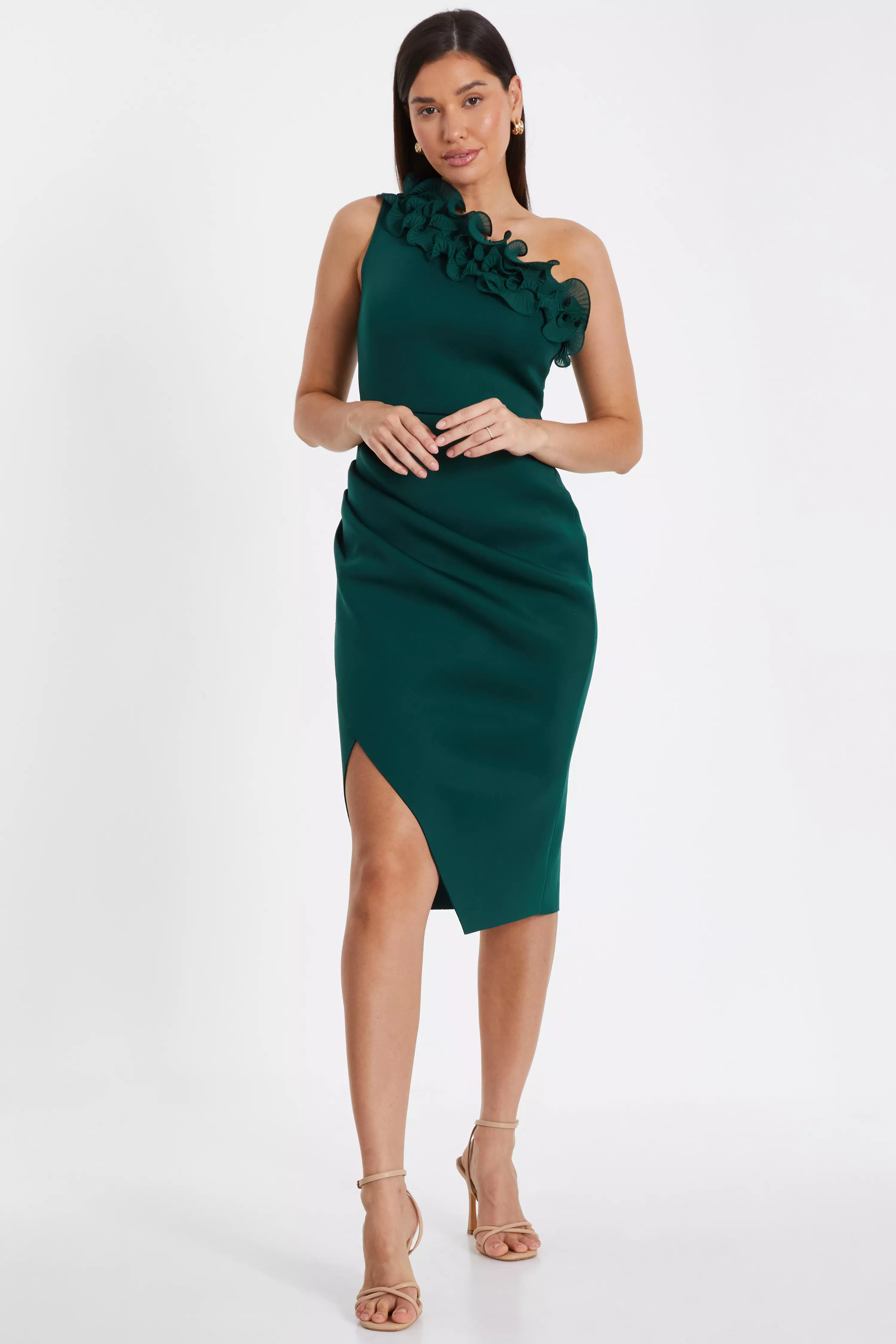 Bottle Green One Shoulder Ruched Midi Dress