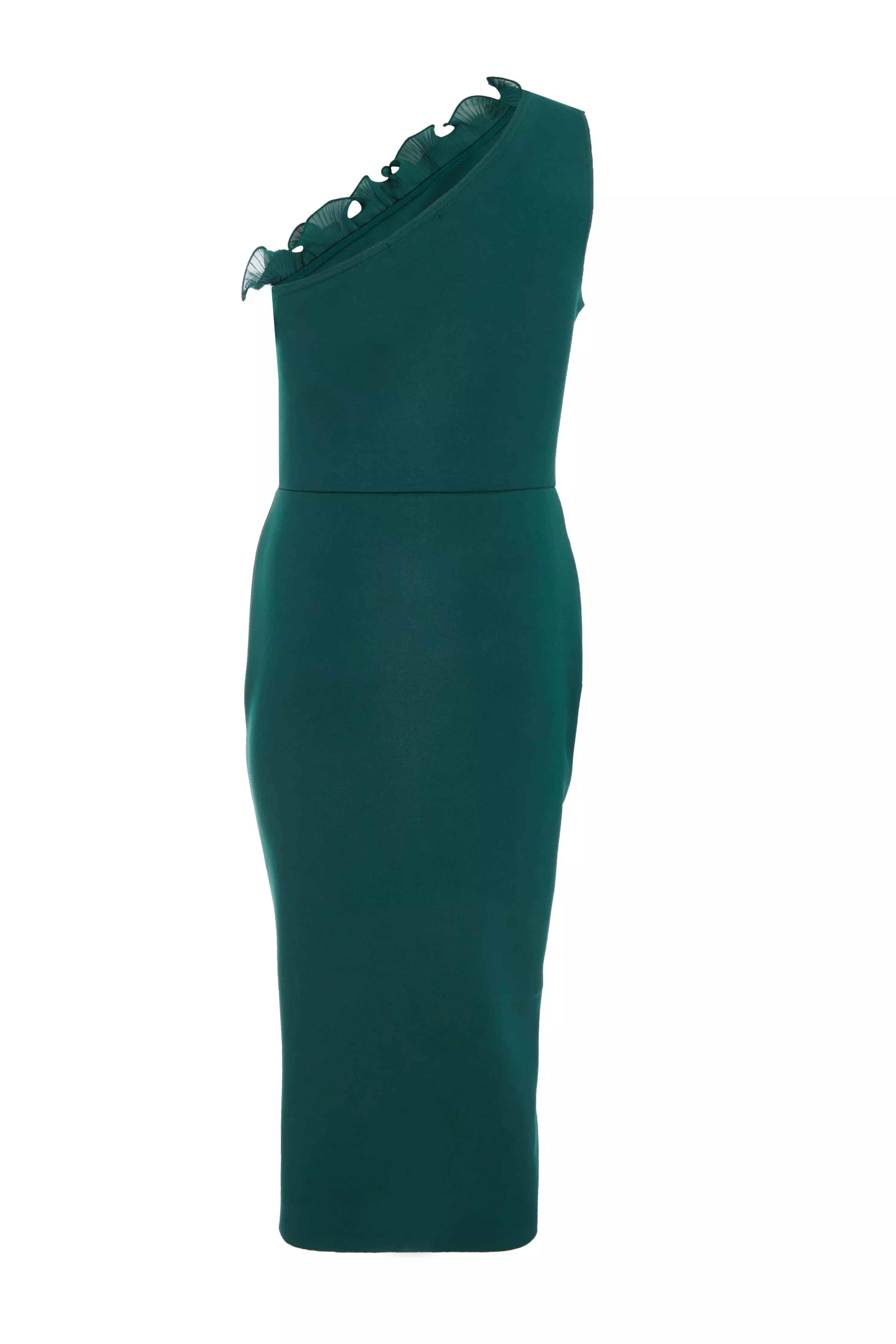 Bottle Green One Shoulder Ruched Midi Dress