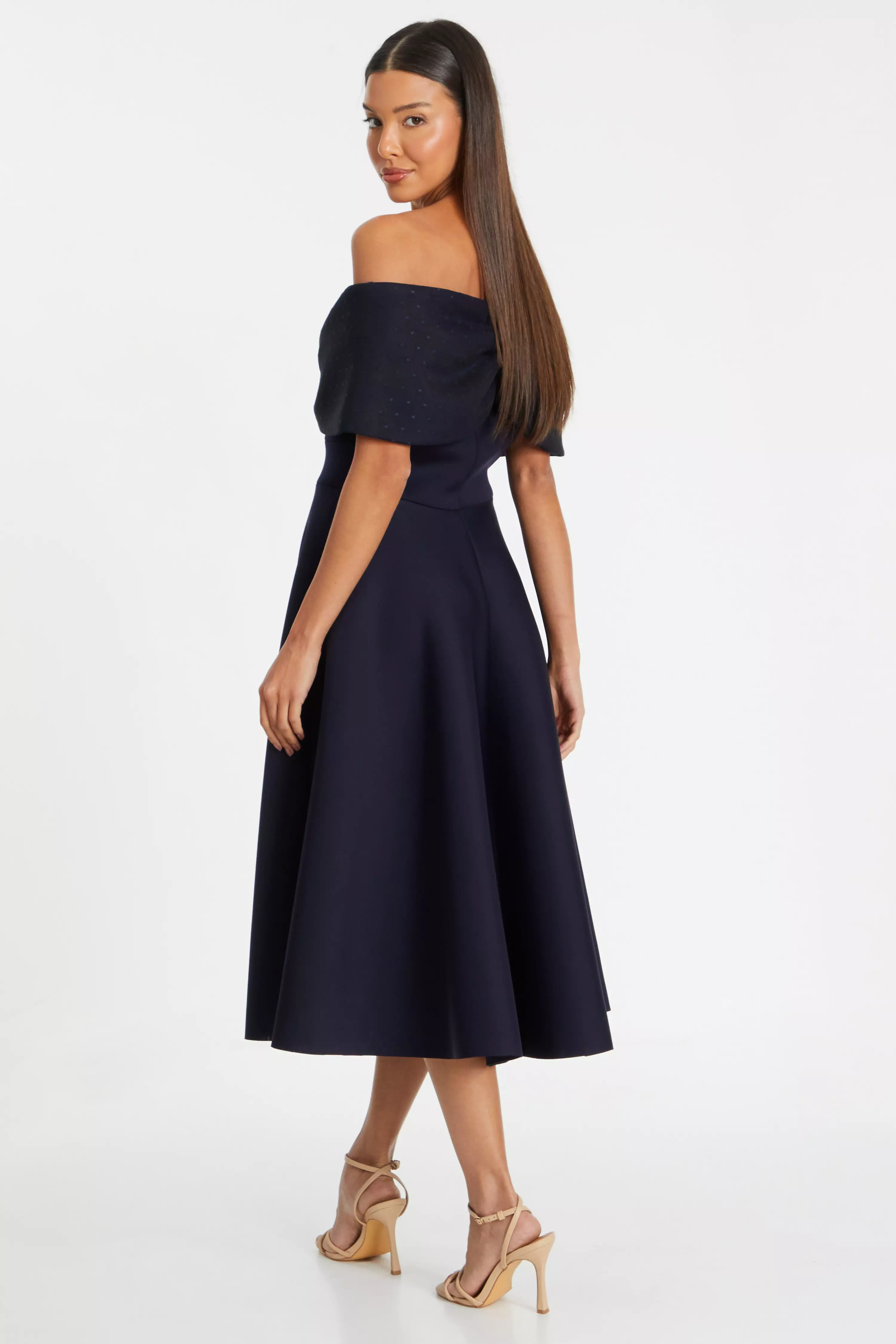 Navy Mesh Ploka Dot Bardot Skater Midi Dress