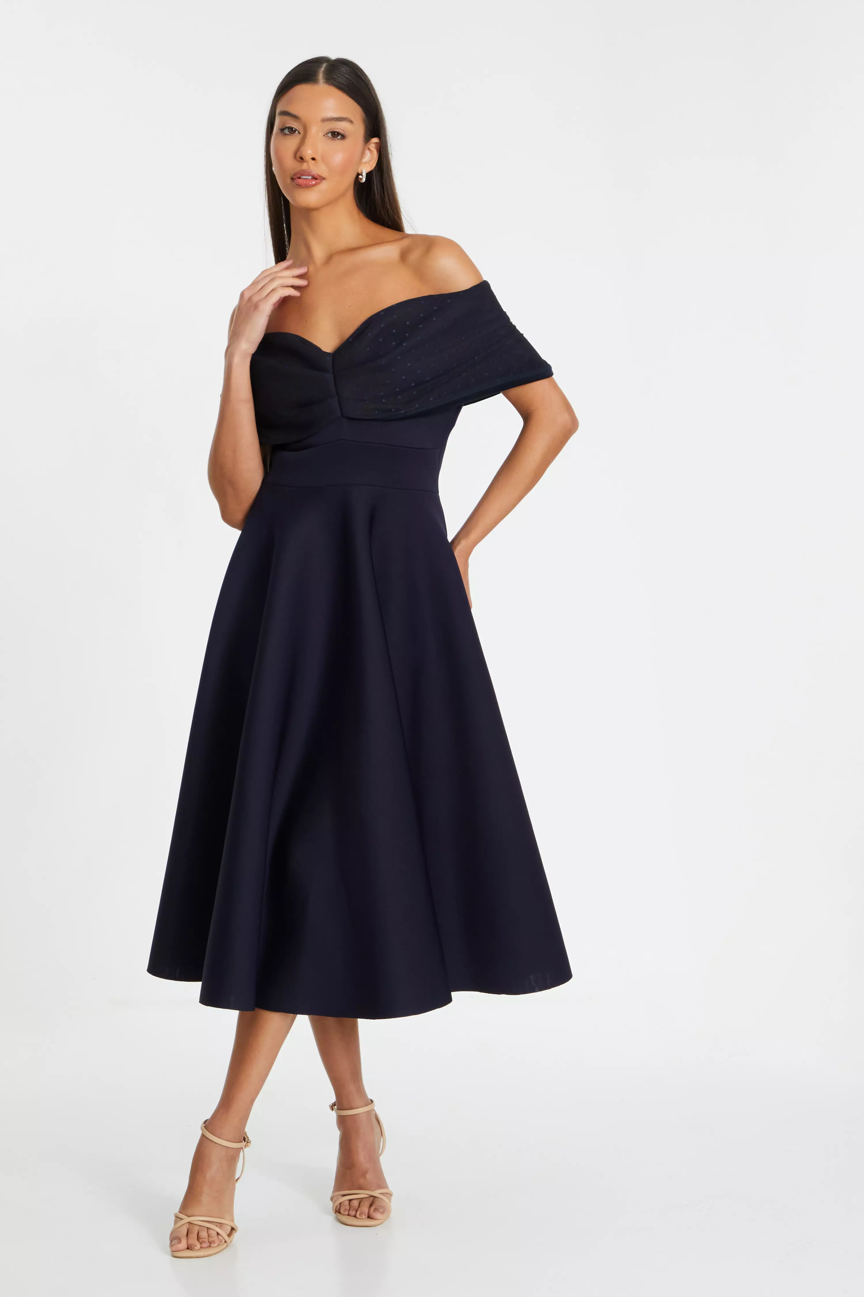 Navy Mesh Ploka Dot Bardot Skater Midi Dress