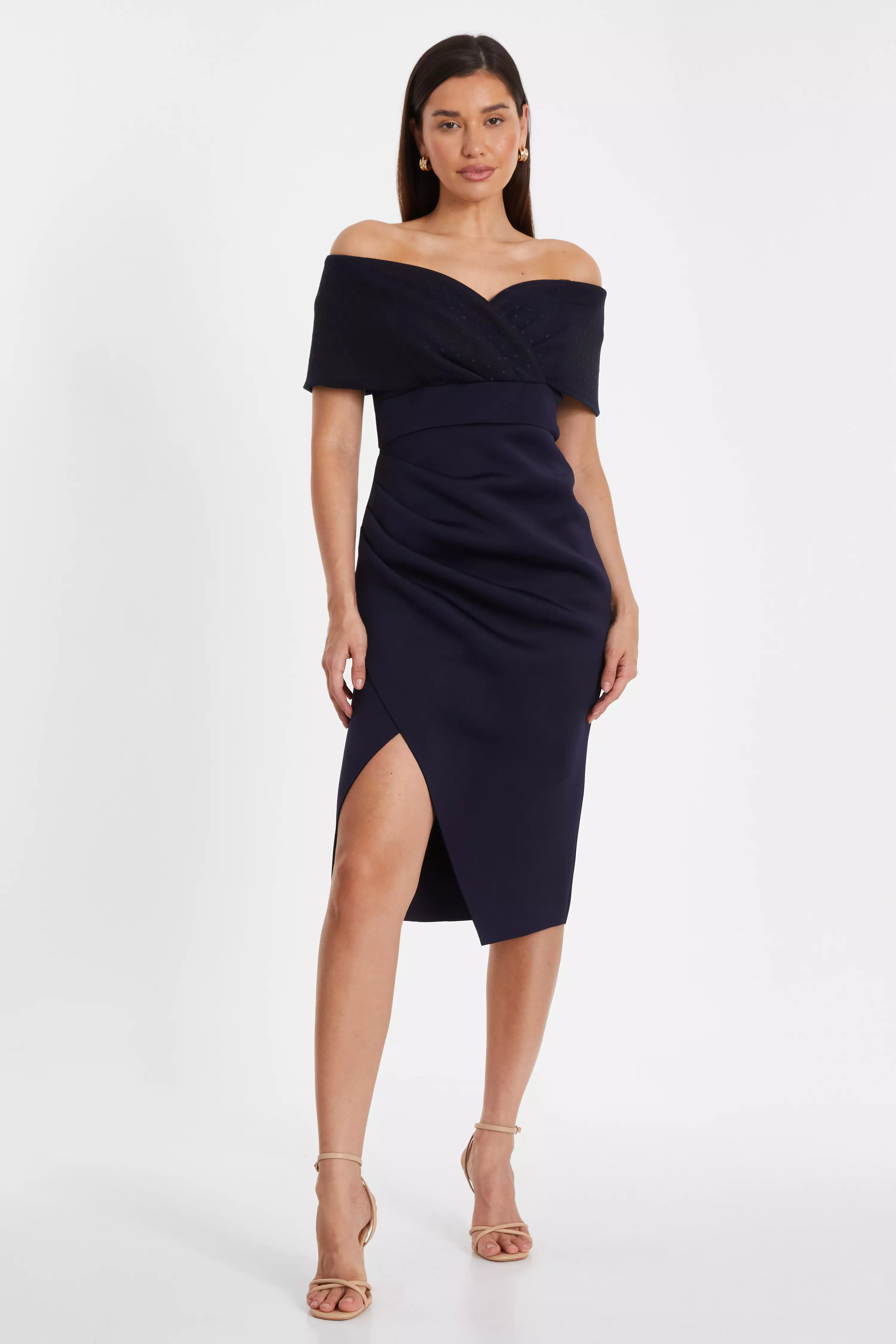 Navy Bardot Ruched Midi Dress