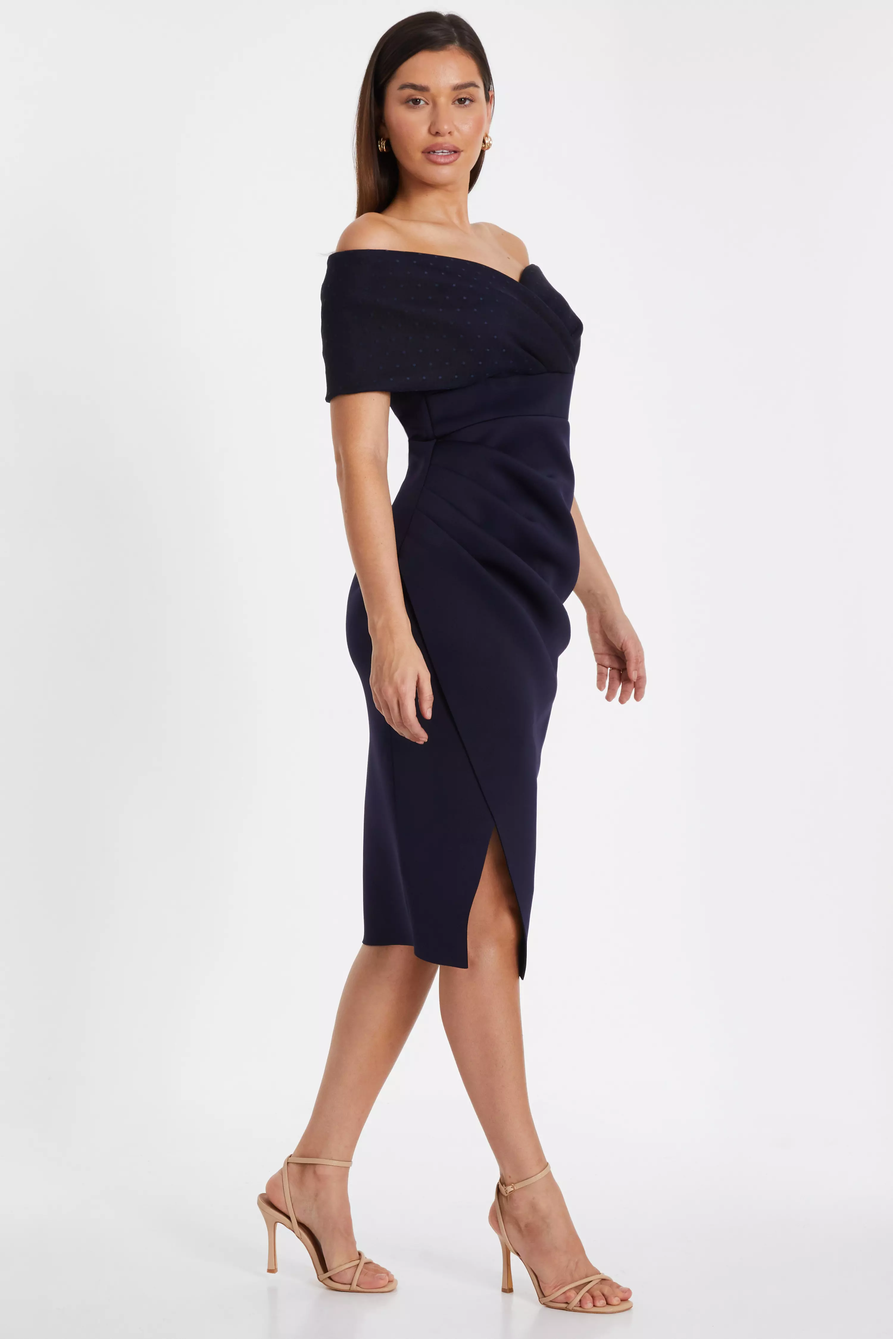 Navy Bardot Ruched Midi Dress