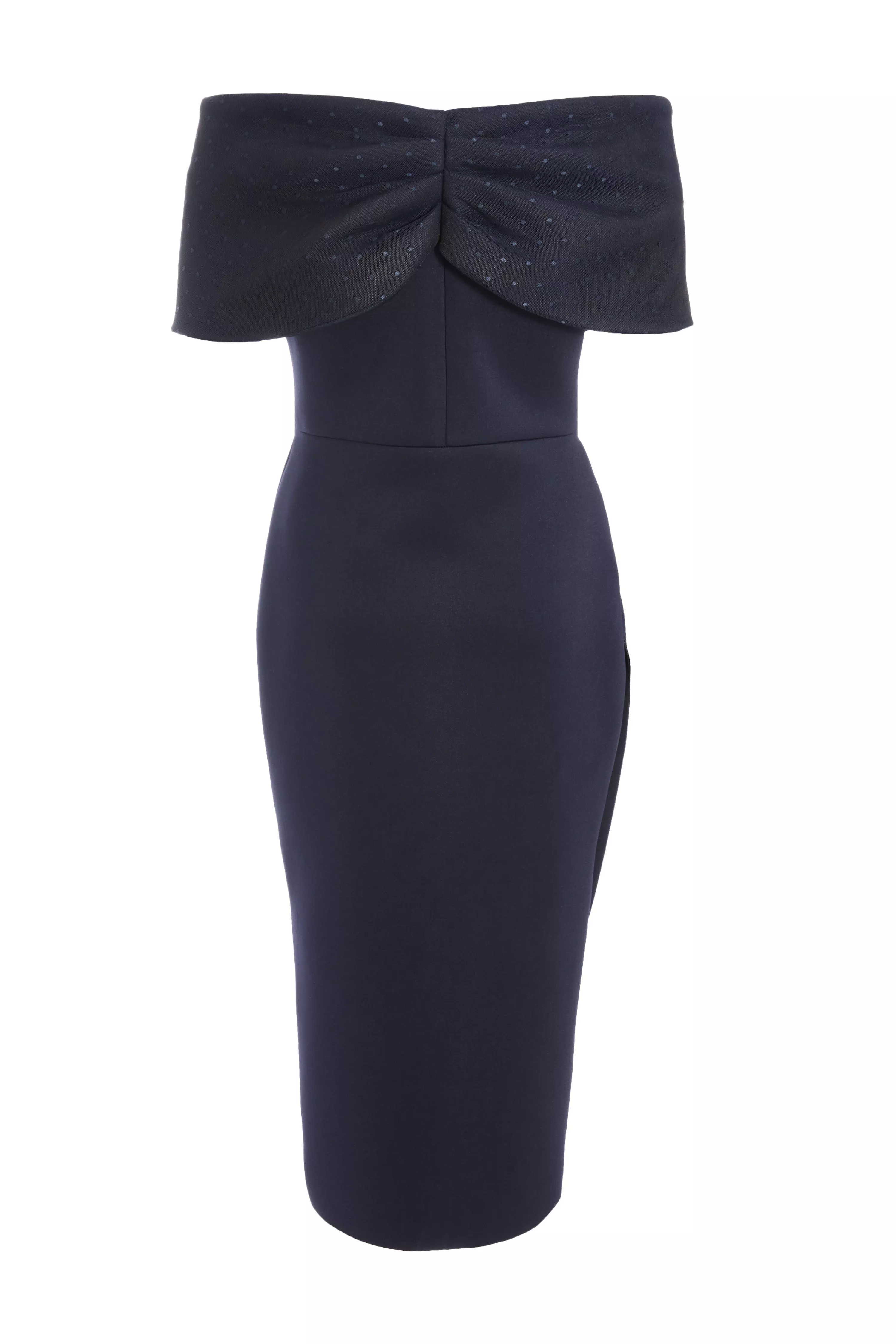 Navy Bardot Ruched Midi Dress