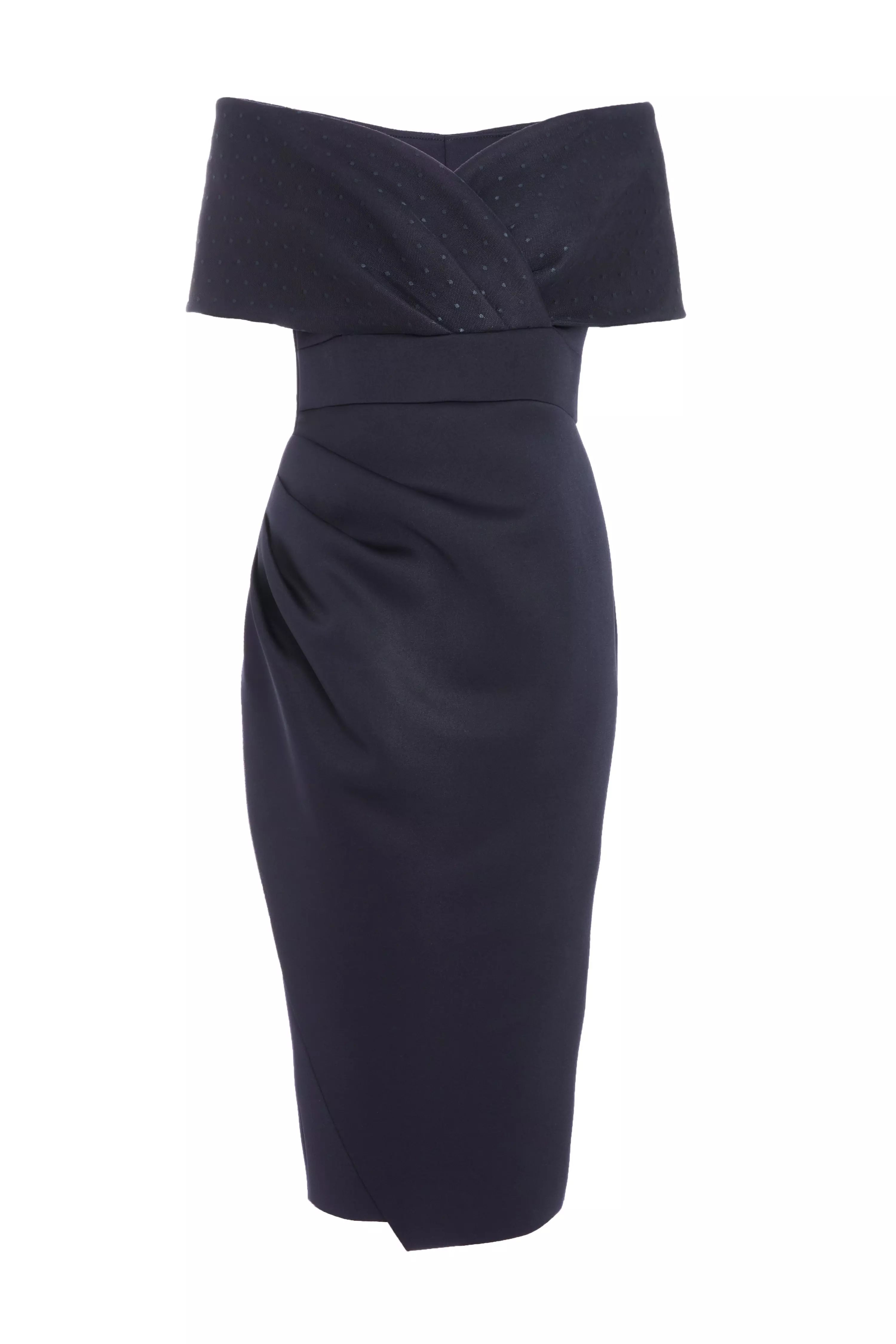 Navy Bardot Ruched Midi Dress