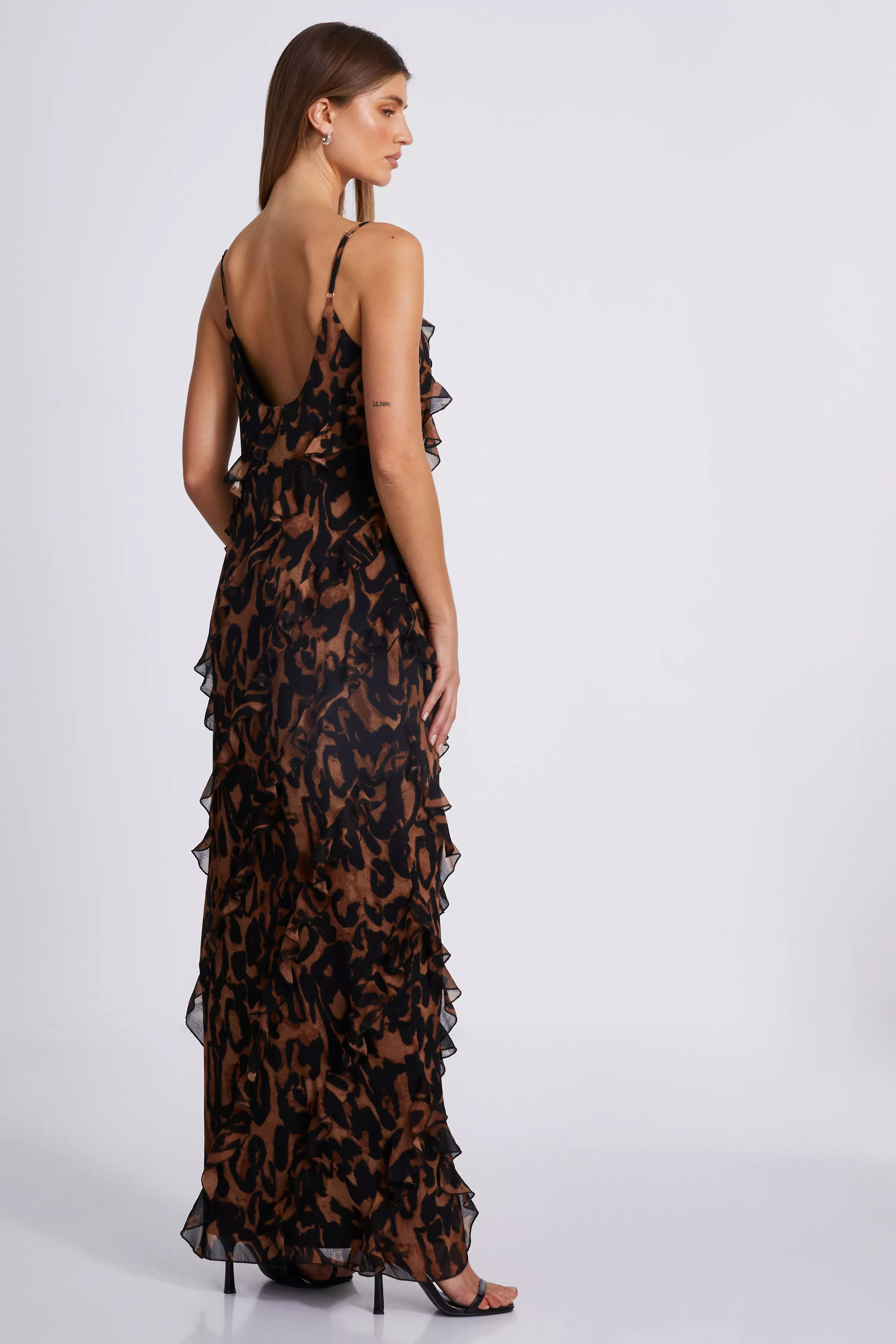 Brown Leopard Print Ruffle Tiered Maxi Dress