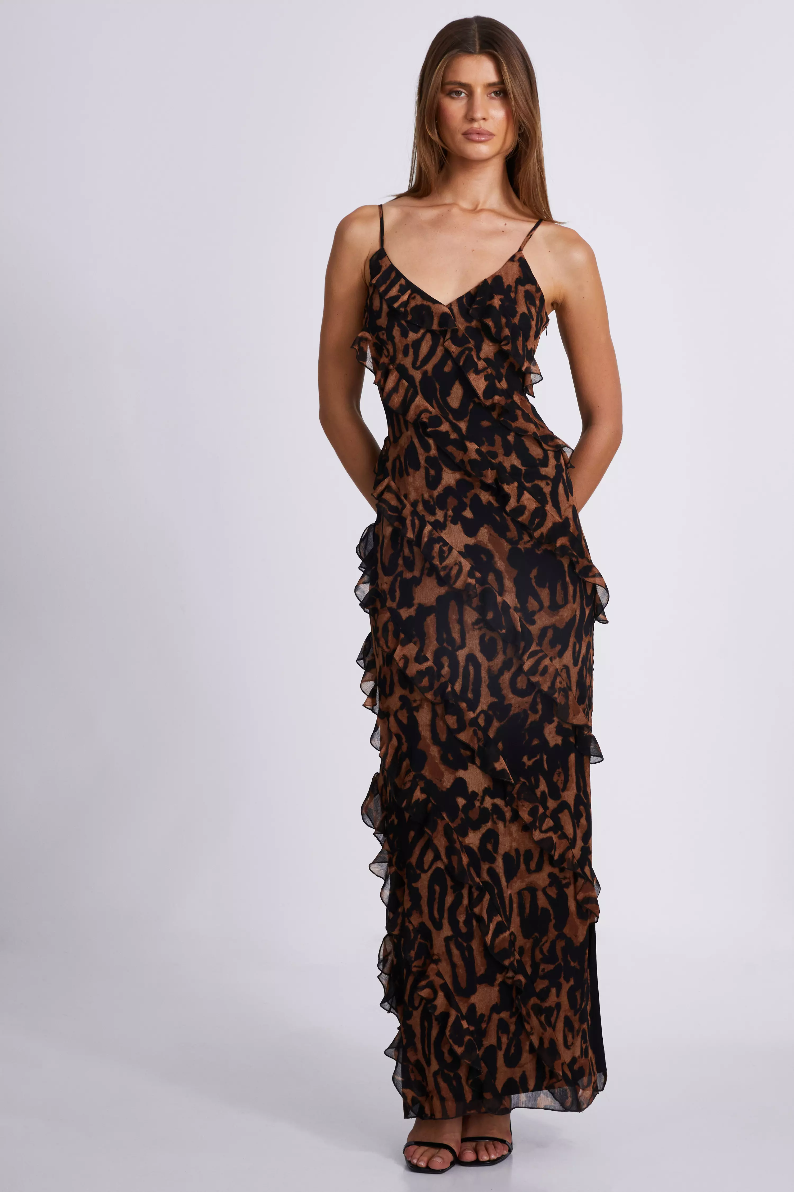 Brown Leopard Print Ruffle Tiered Maxi Dress