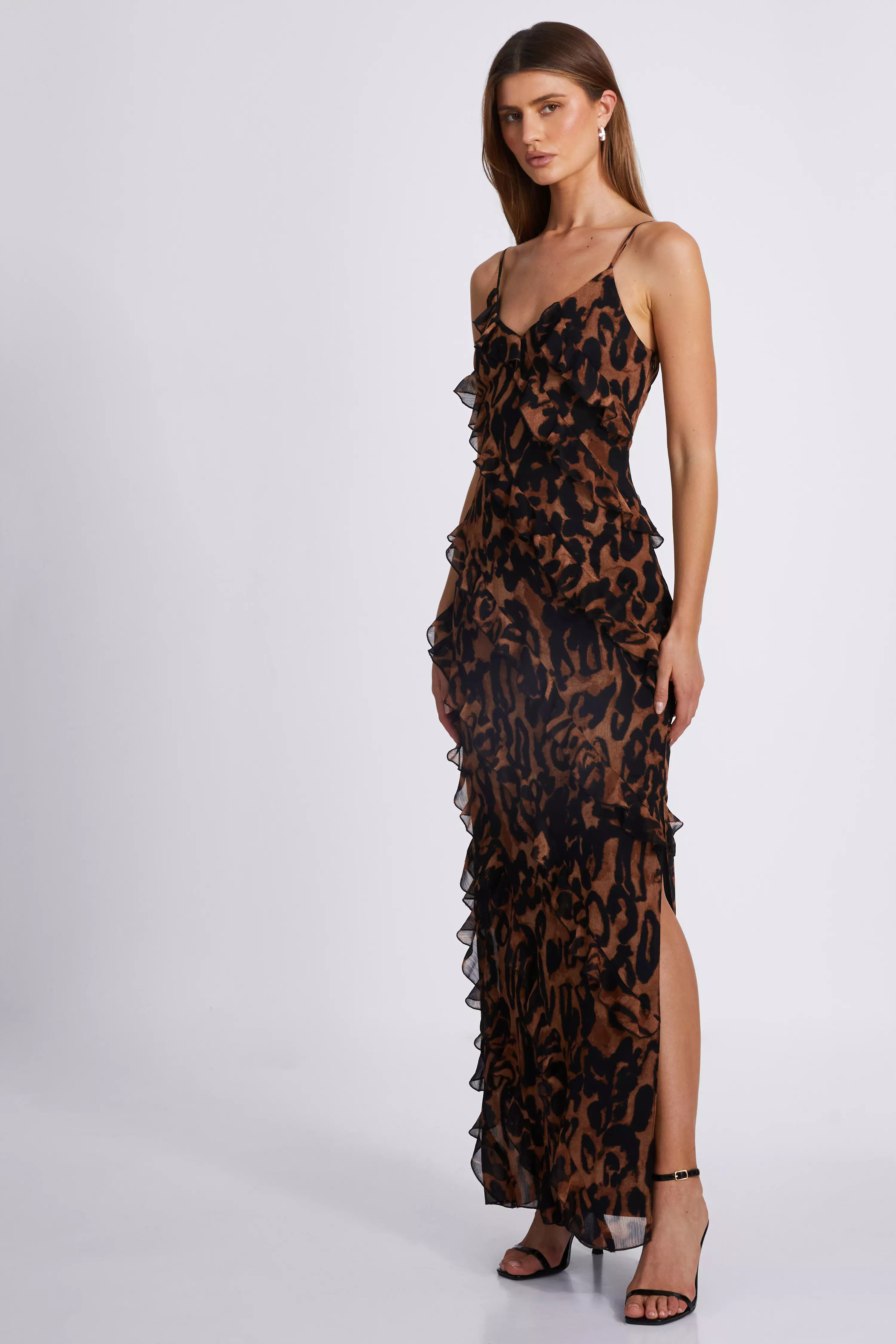 Brown Leopard Print Ruffle Tiered Maxi Dress