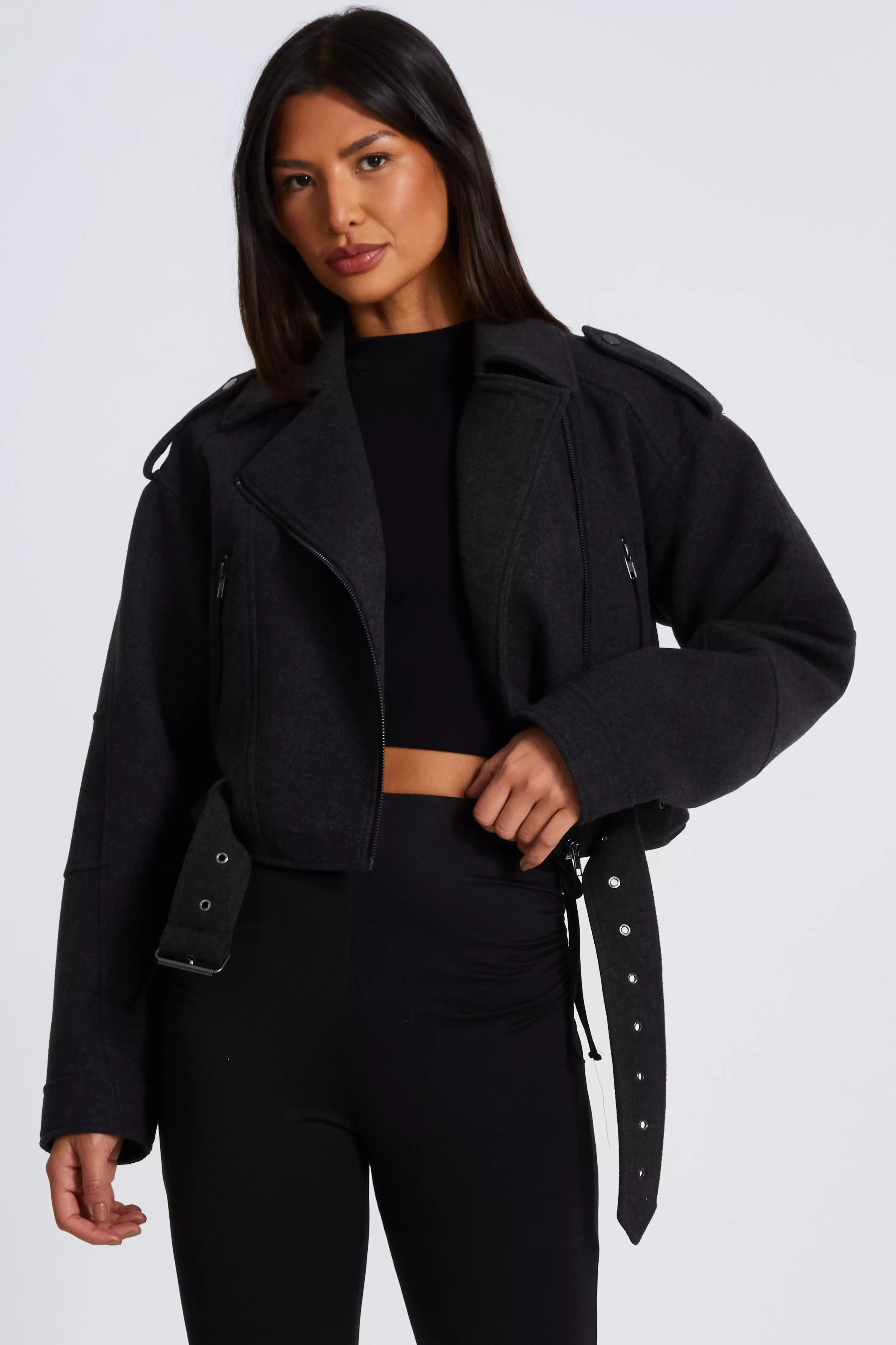 Dark Grey Cropped Biker Jacket