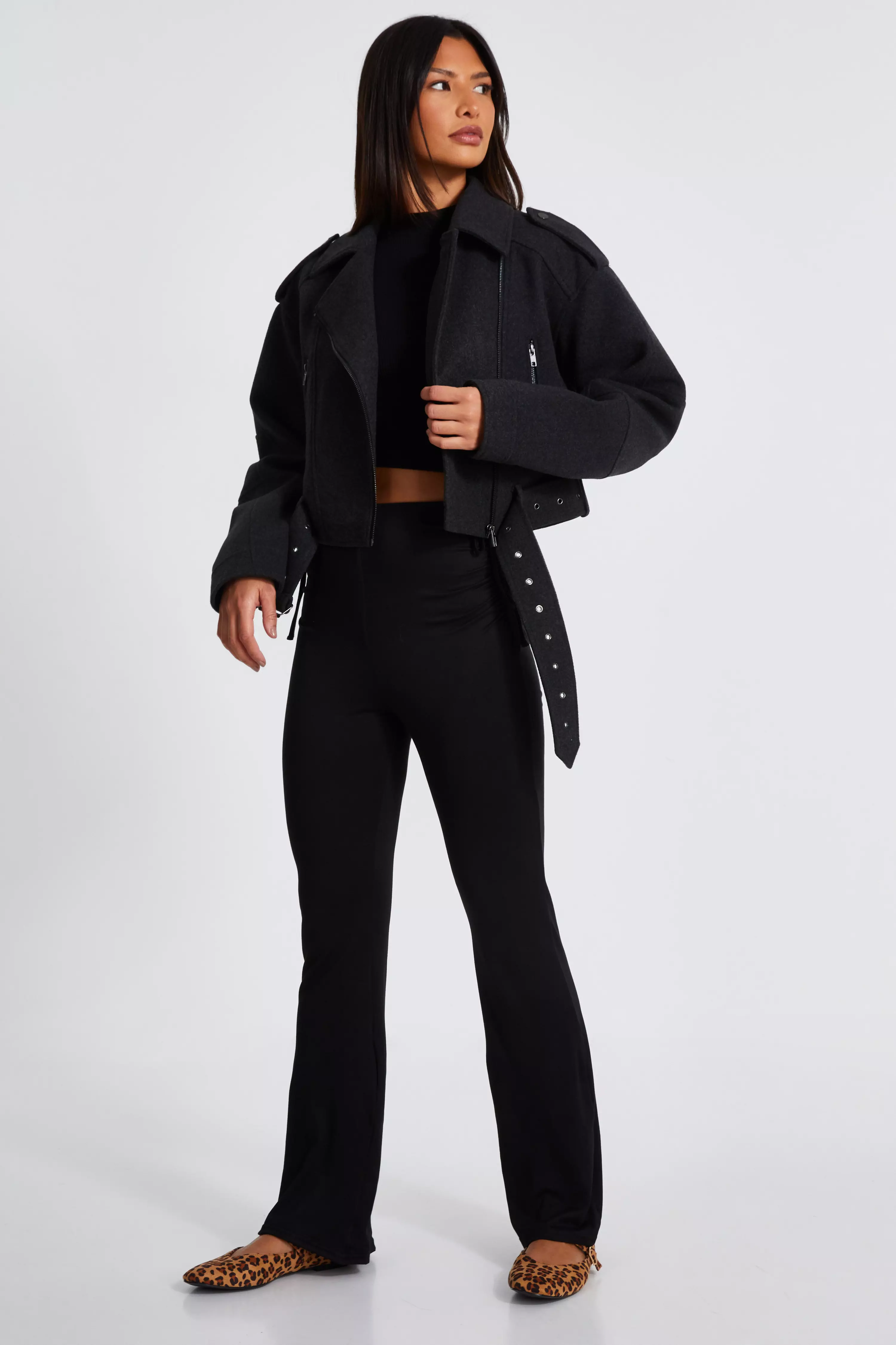 Dark Grey Cropped Biker Jacket