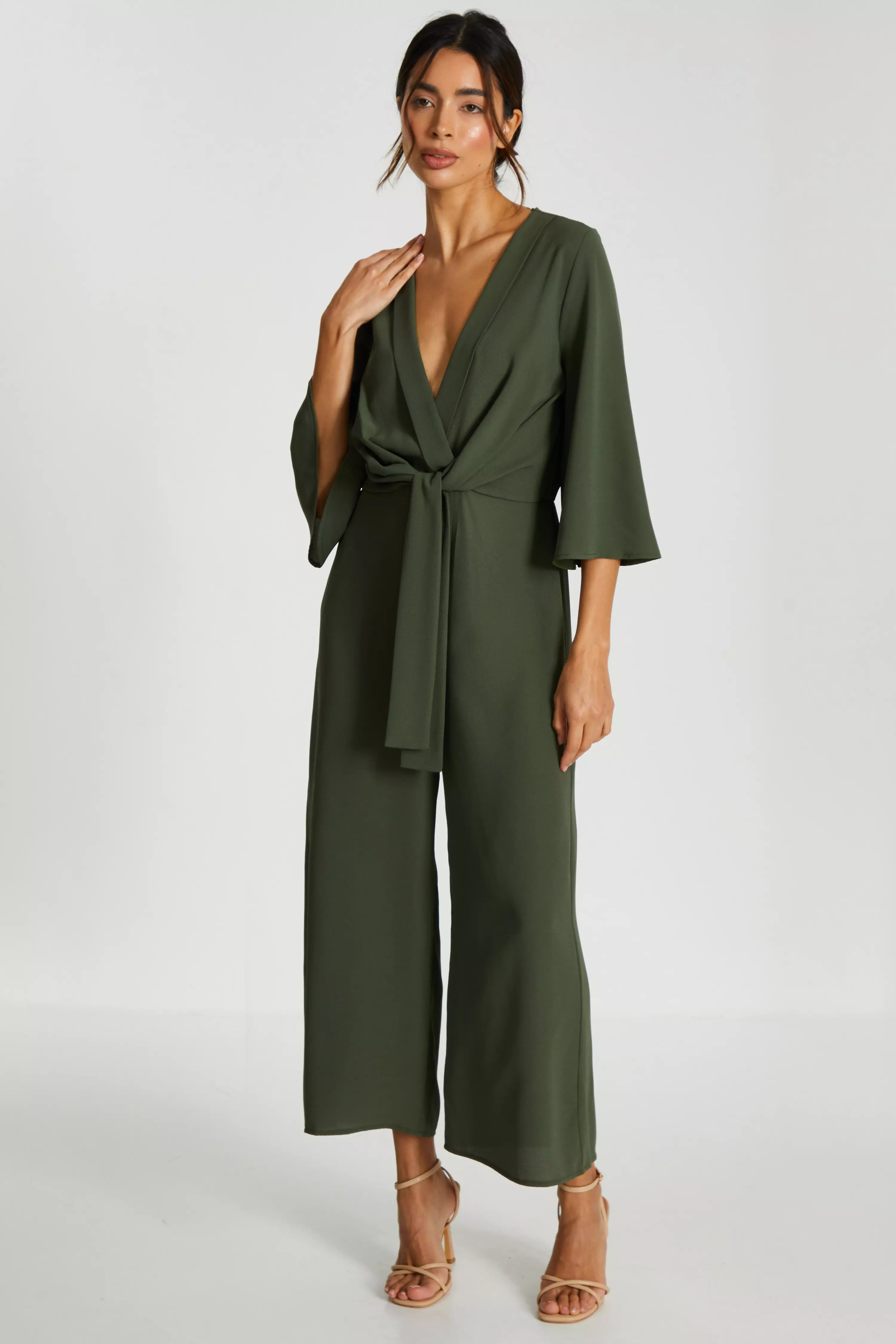 Khaki Wrap Tie Front Culotte Jumpsuit