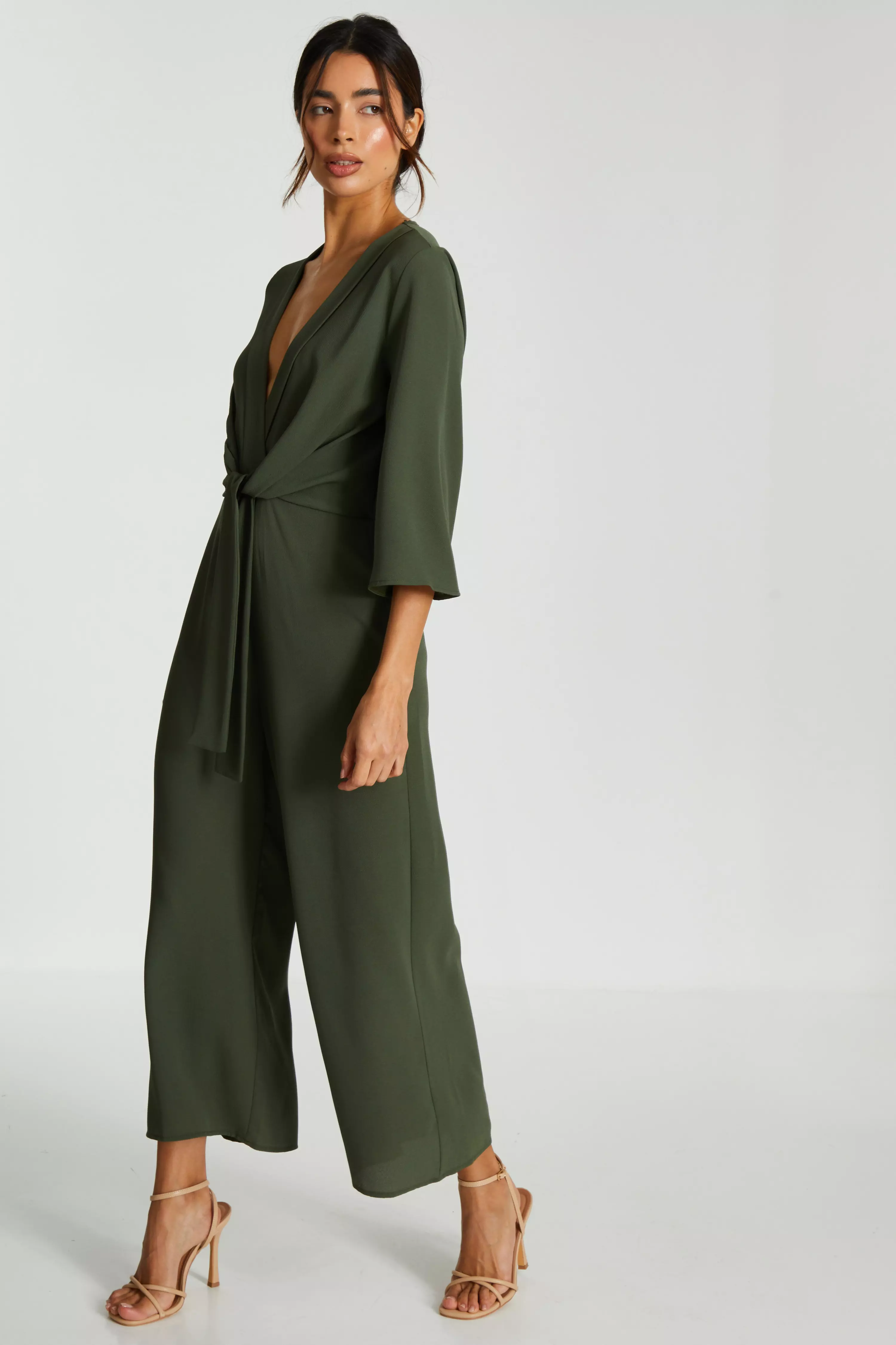 Khaki Wrap Tie Front Culotte Jumpsuit