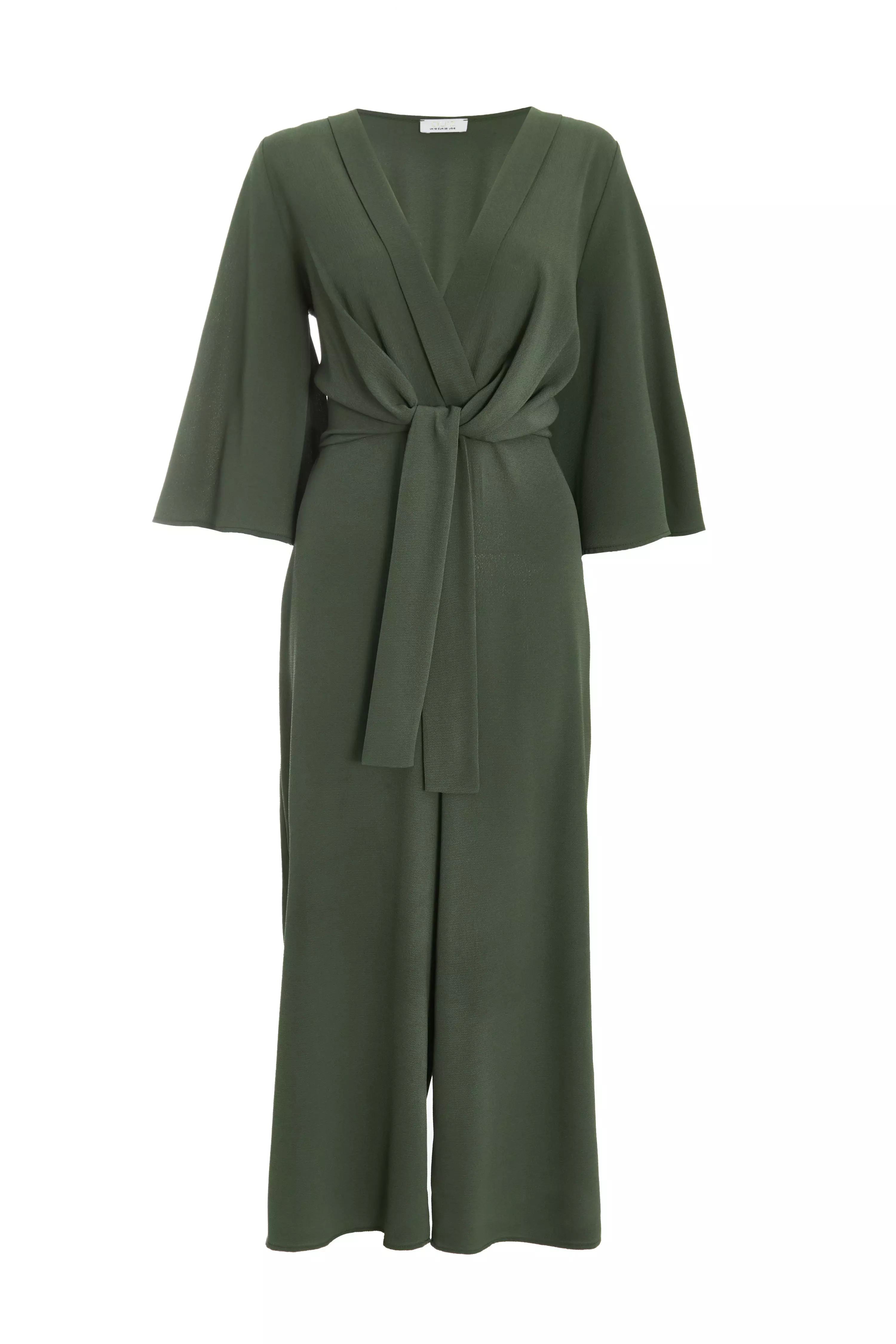 Khaki Wrap Tie Front Culotte Jumpsuit