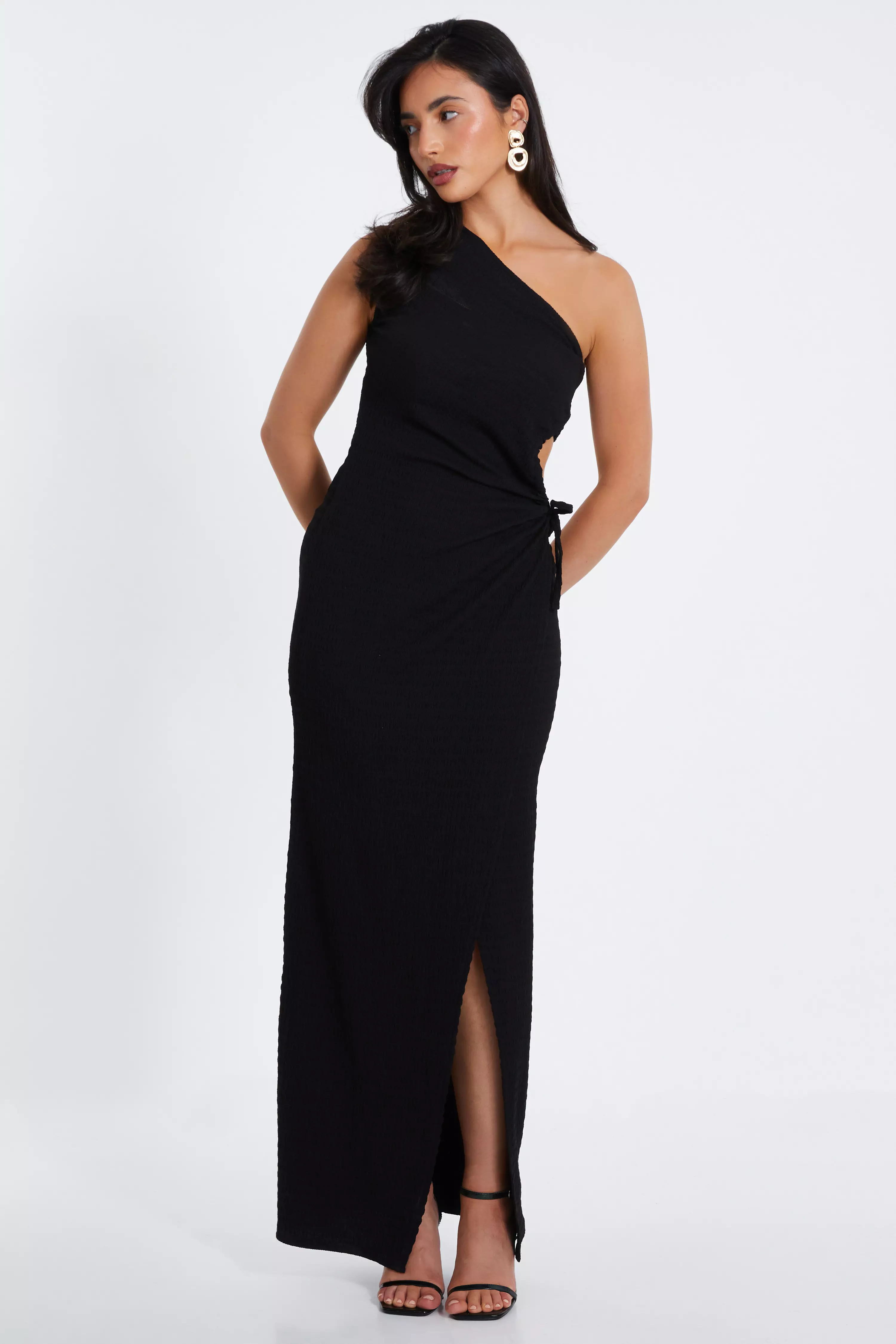 Black One Shoulder Wrap Cut Out Maxi Dress