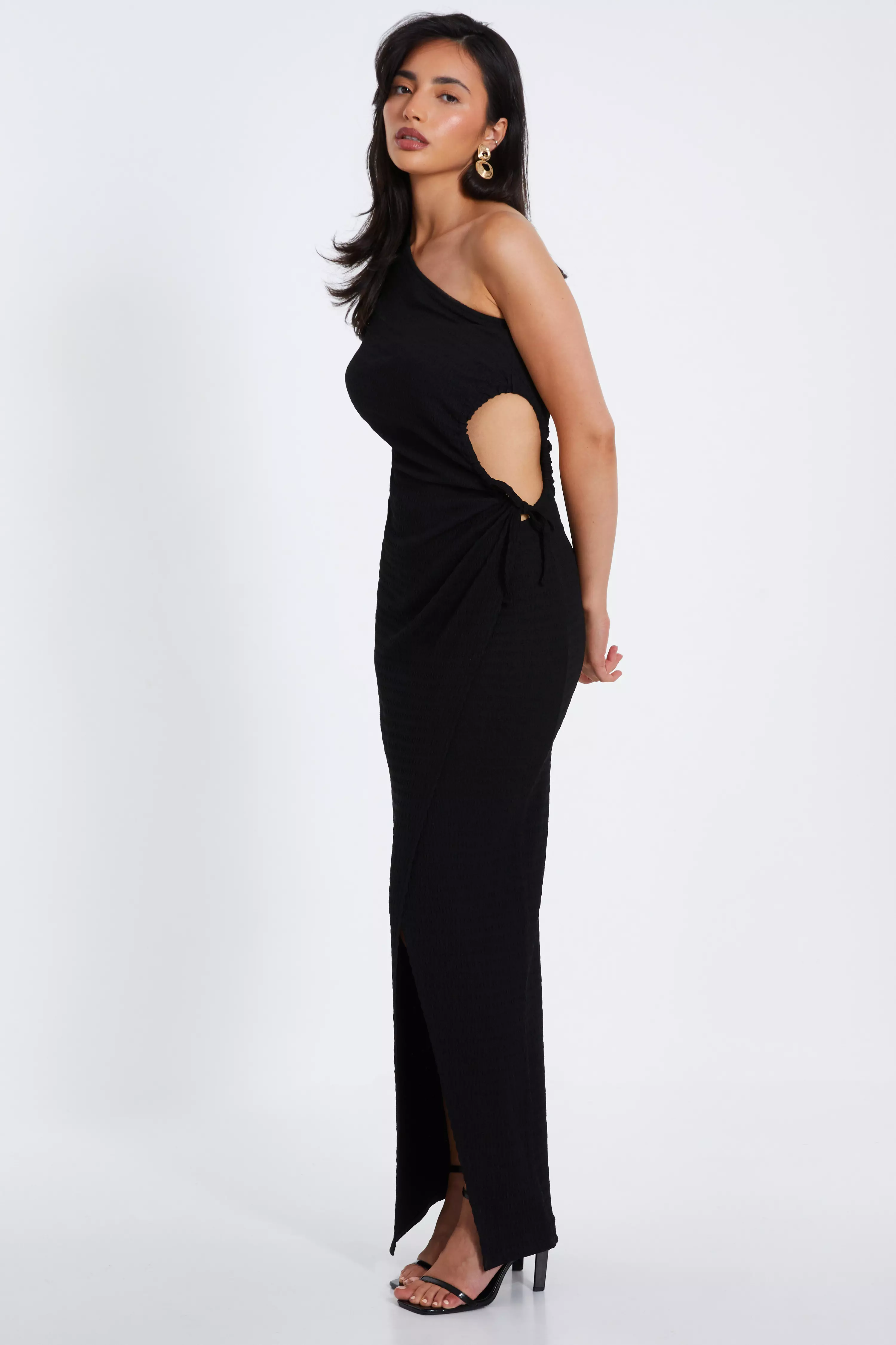 Black One Shoulder Wrap Cut Out Maxi Dress