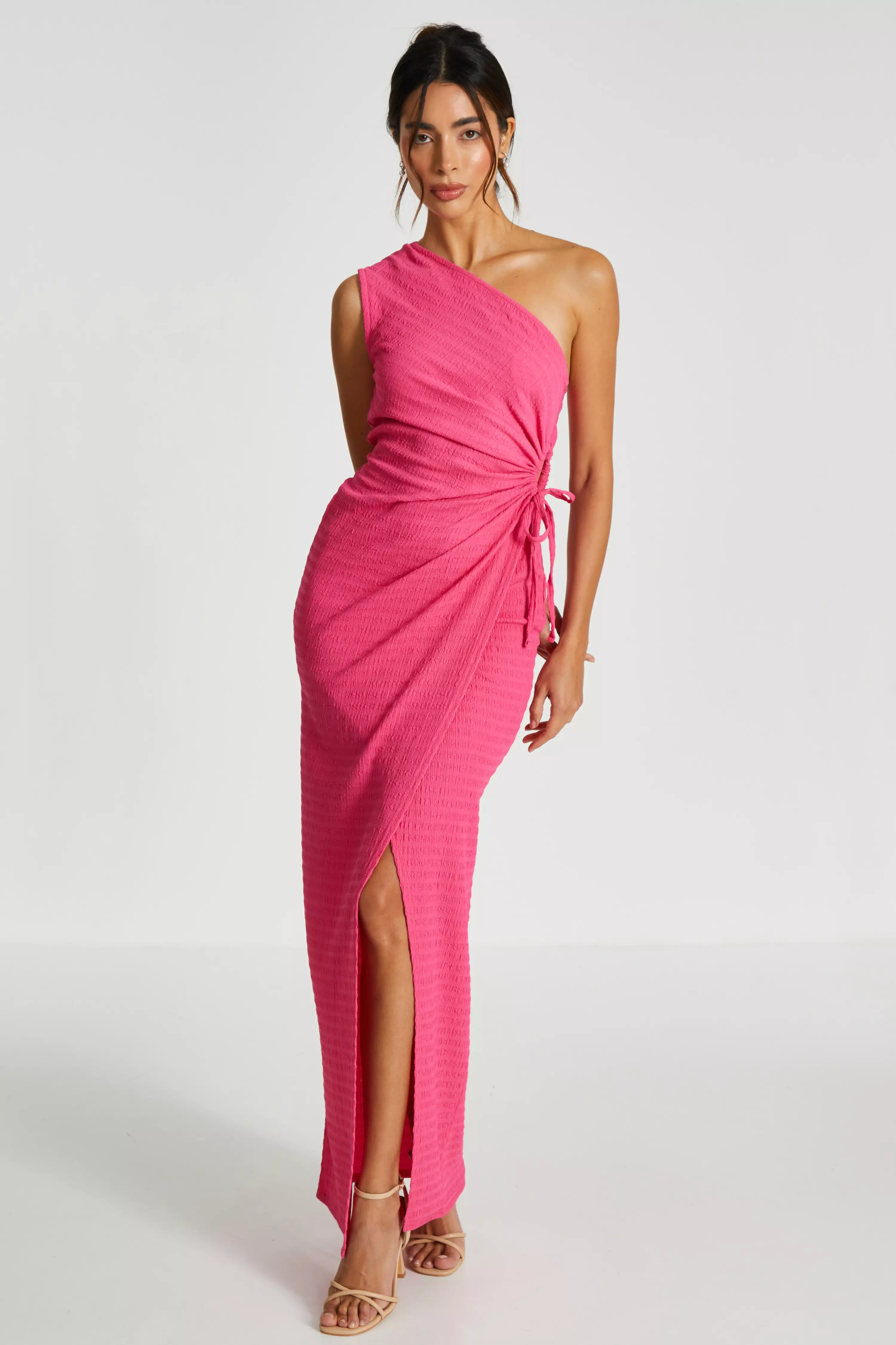 Pink One Shoulder Wrap Cut Out Maxi Dress