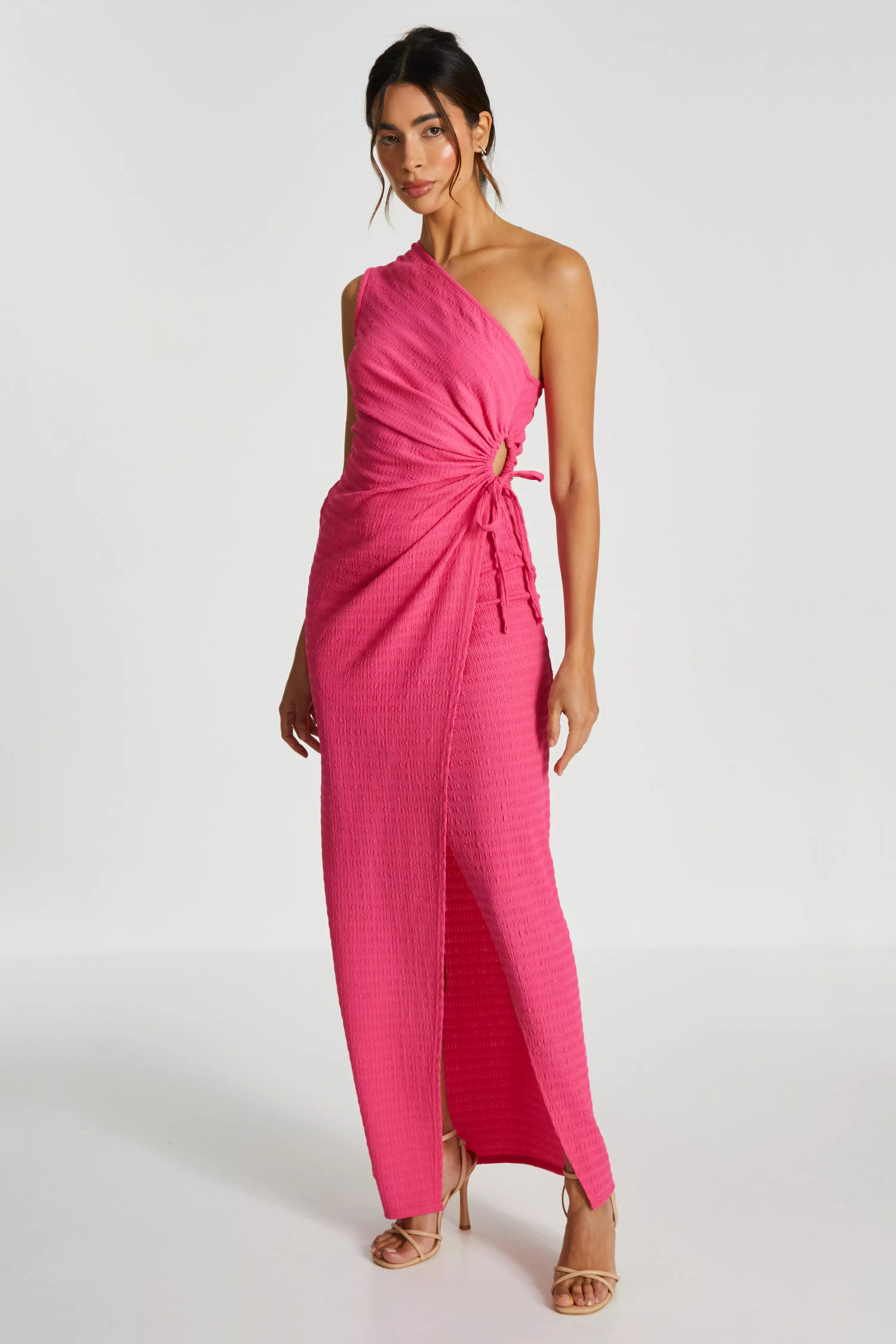Pink One Shoulder Wrap Cut Out Maxi Dress