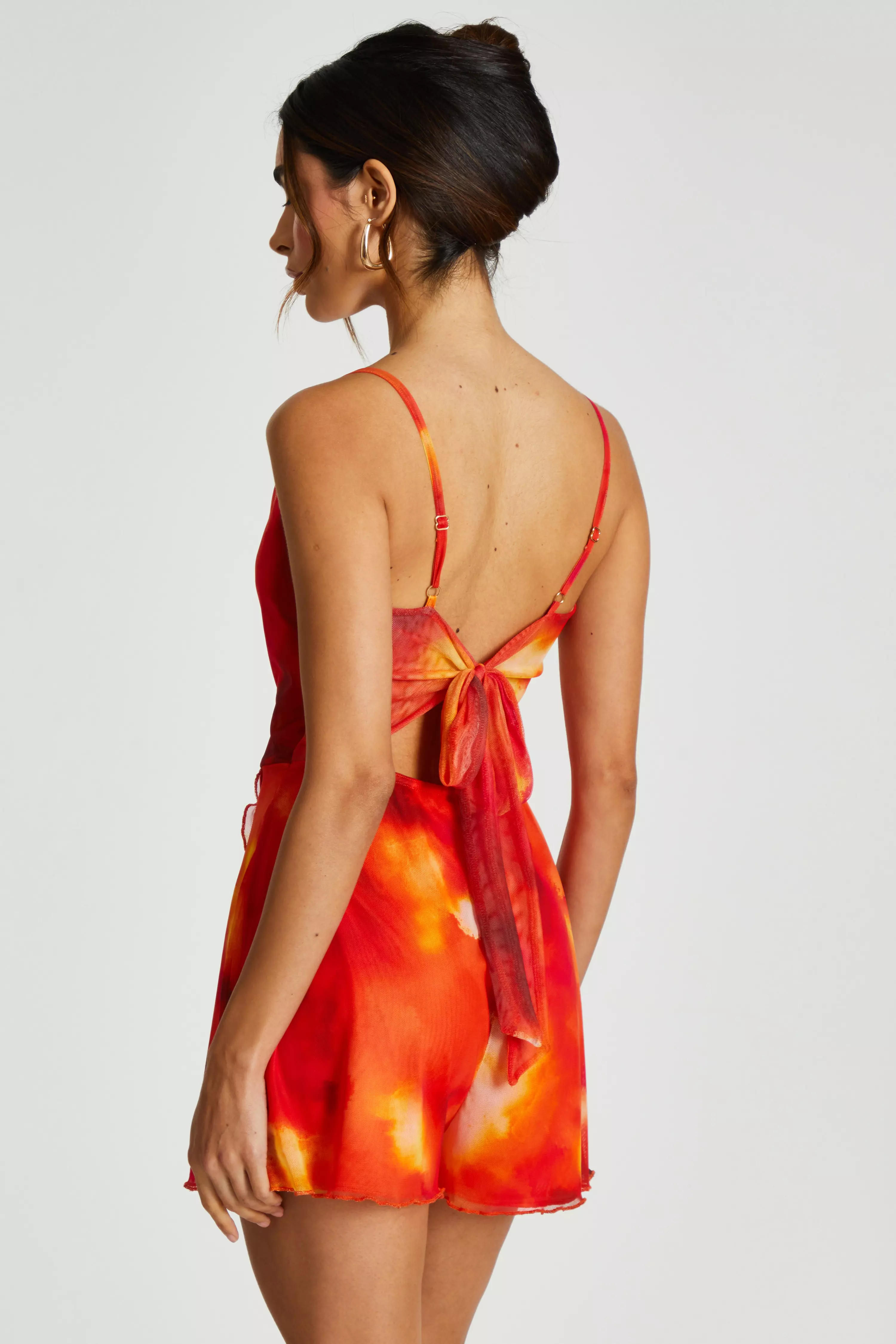 Orange Abstract Print Cowl Neck Mesh Playsuit