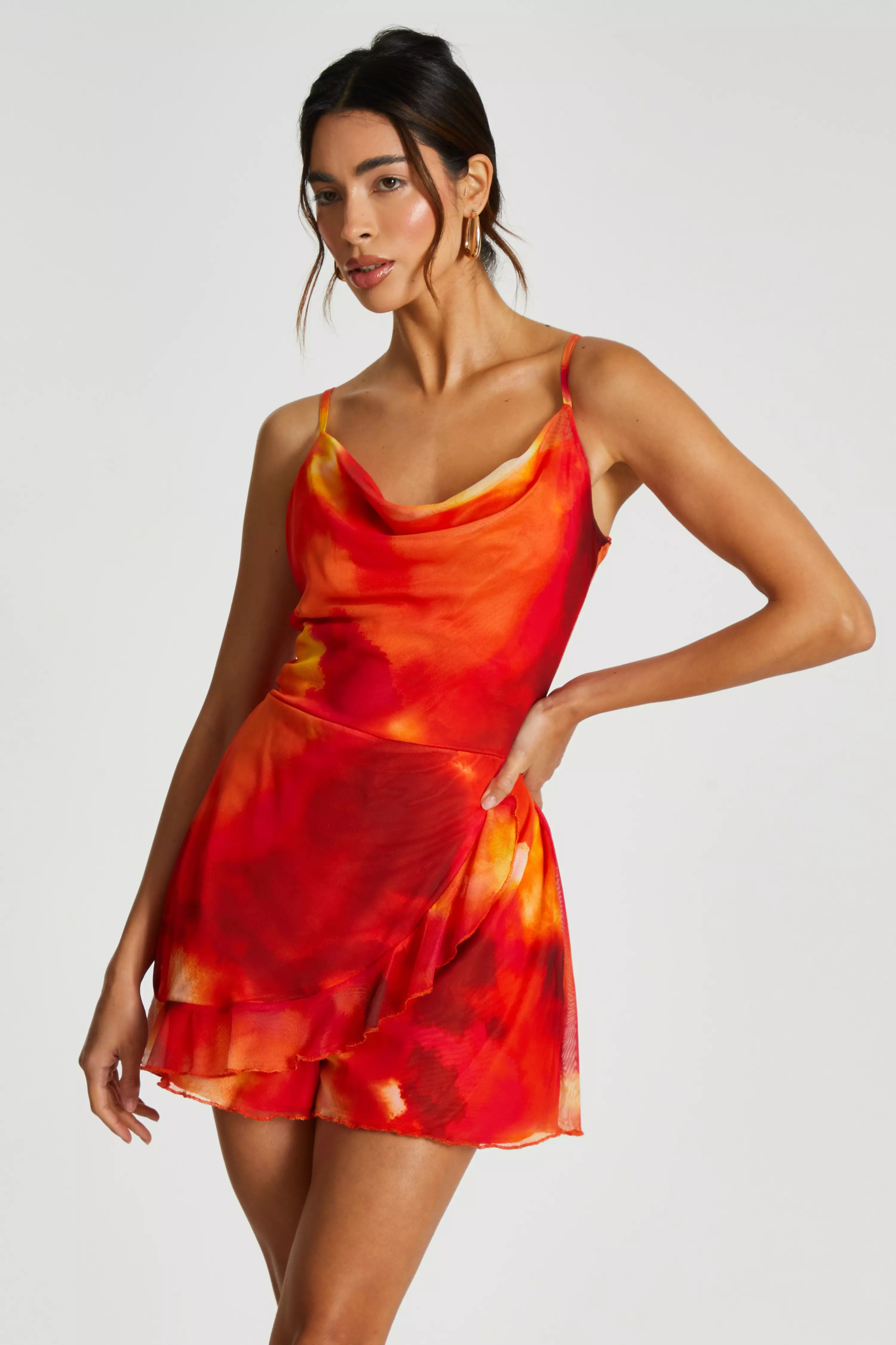 Orange Abstract Print Cowl Neck Mesh Playsuit